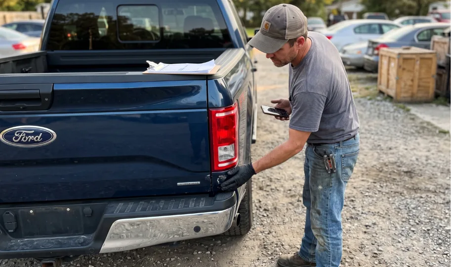An American man is preparing the car for transport.