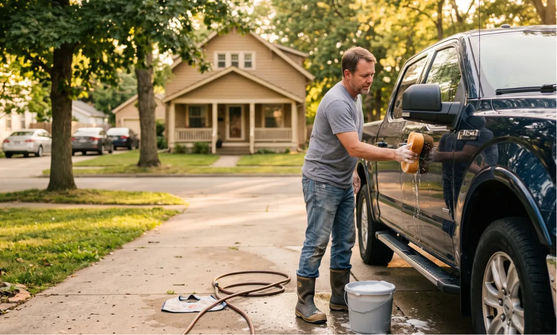 The man is cleaning his car