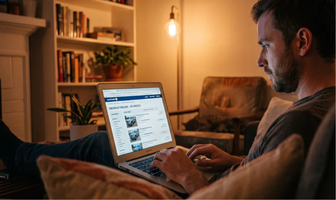 a man is looking for a car online