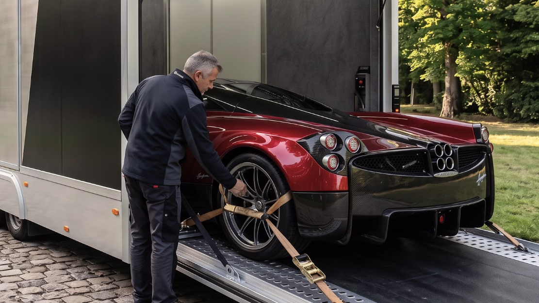 Luxury sports car secured inside an enclosed auto transport trailer