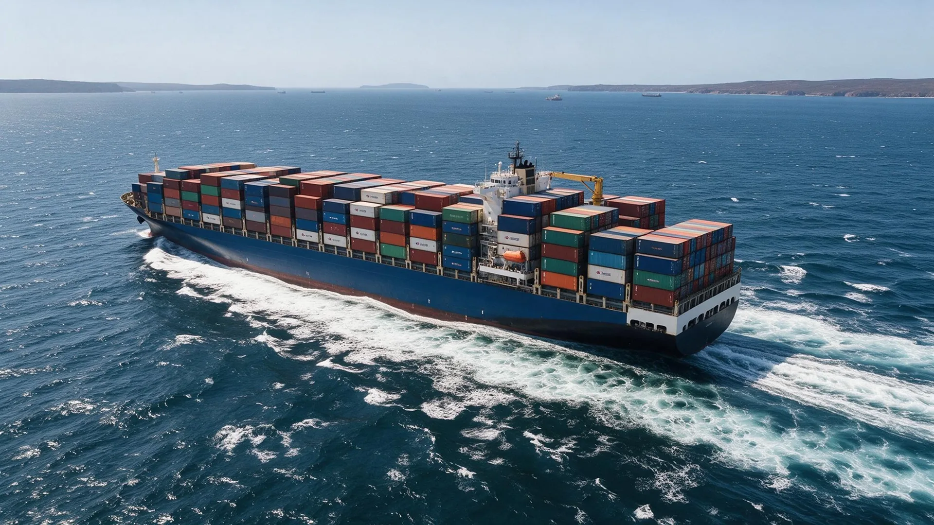 Container ship transporting boxes overseas by ocean freight