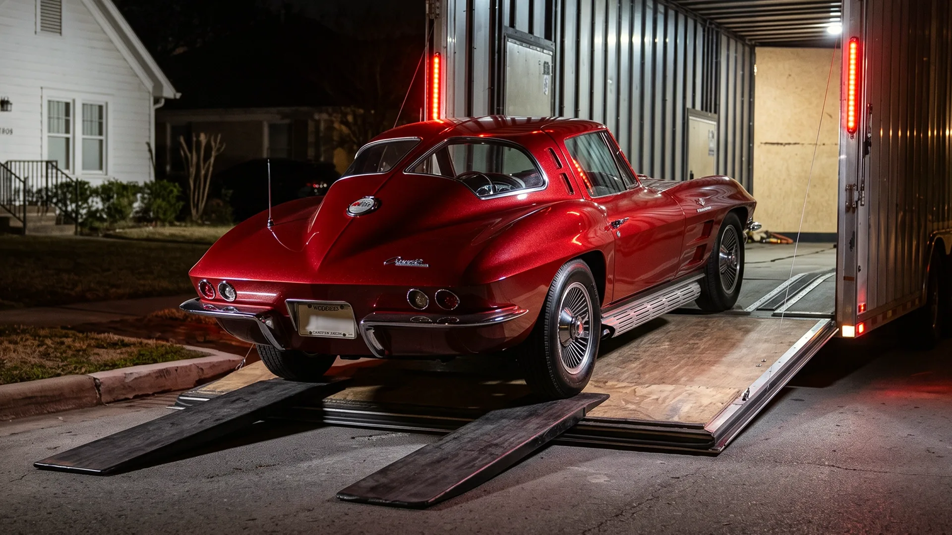 Classic Chevrolet Corvette being loaded into an enclosed car trailer