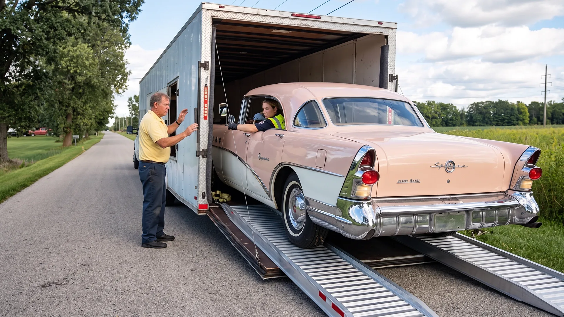 Classic car being loaded into an enclosed auto transport trailer