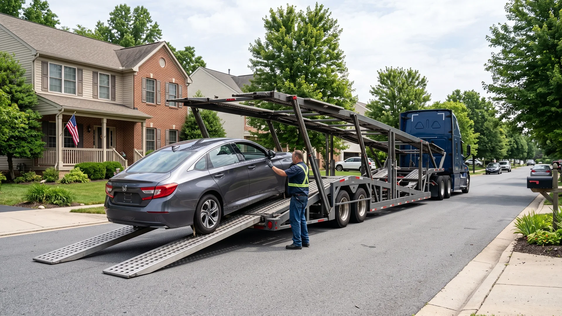 photo of a car being loaded onto an auto transport trailer during a household move