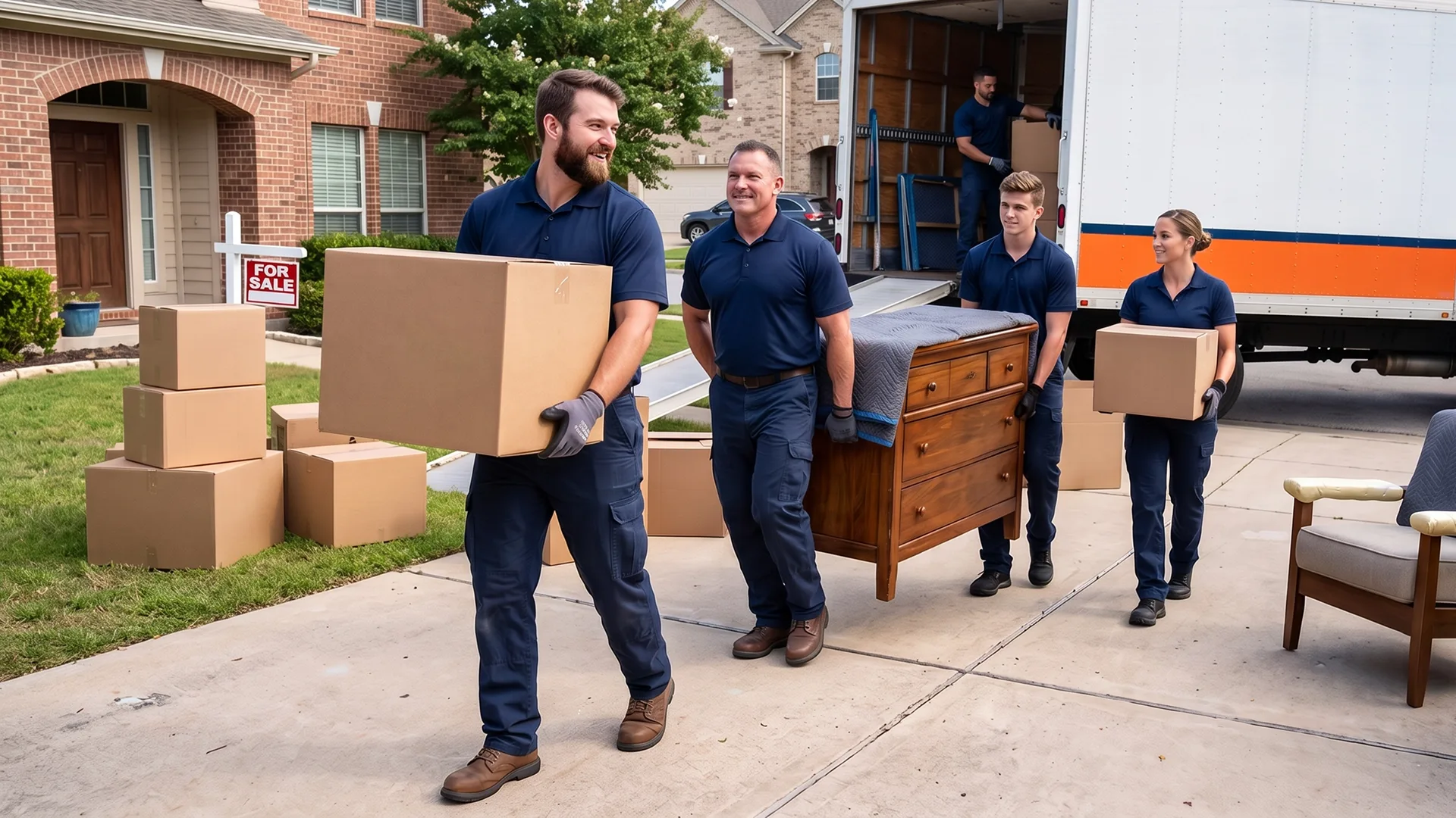 Professional movers carrying boxes and furniture during a residential move