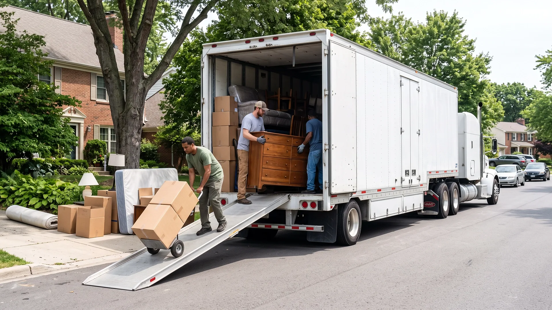 Movers loading household furniture and boxes into a moving truck