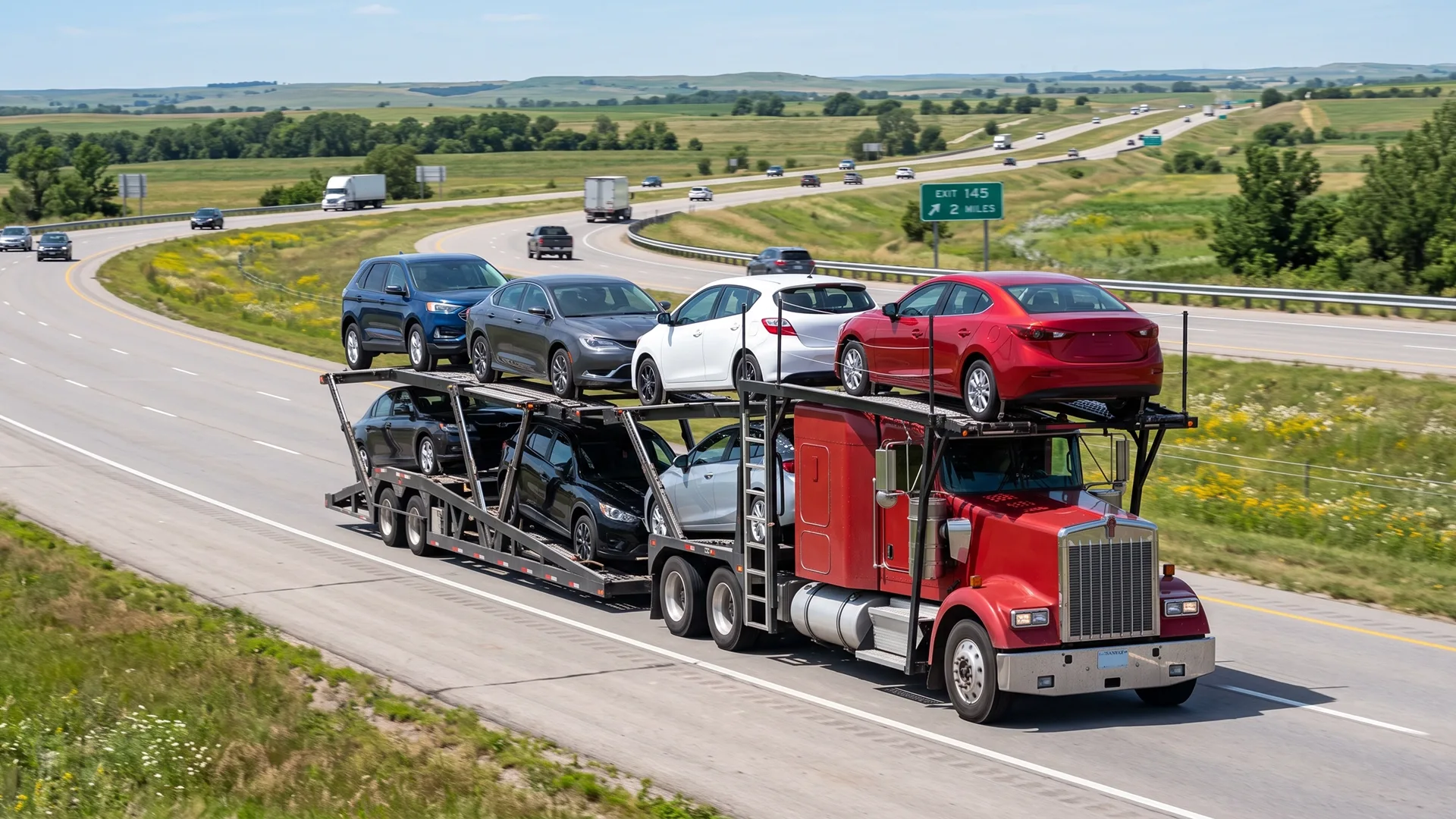 photo of an open auto transport carrier hauling multiple cars on a highway