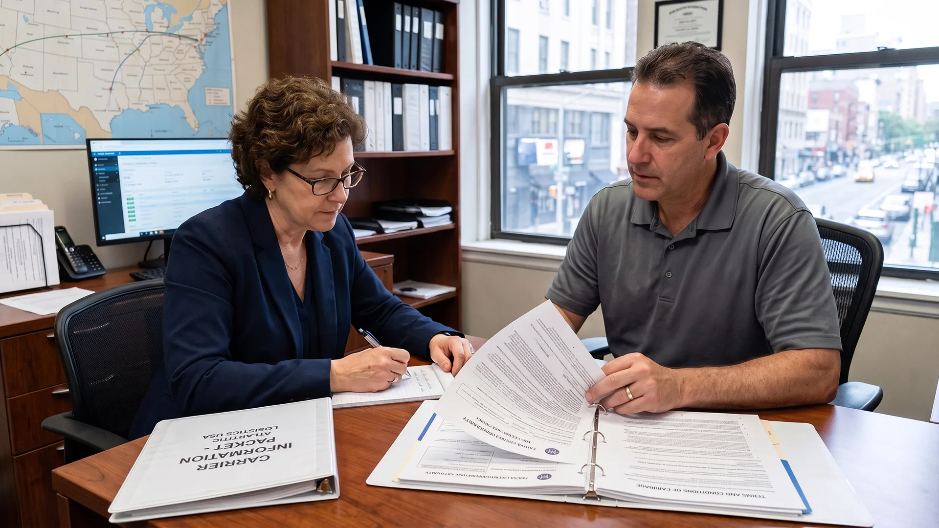 Car shipping company representative reviewing transport documents with a customer