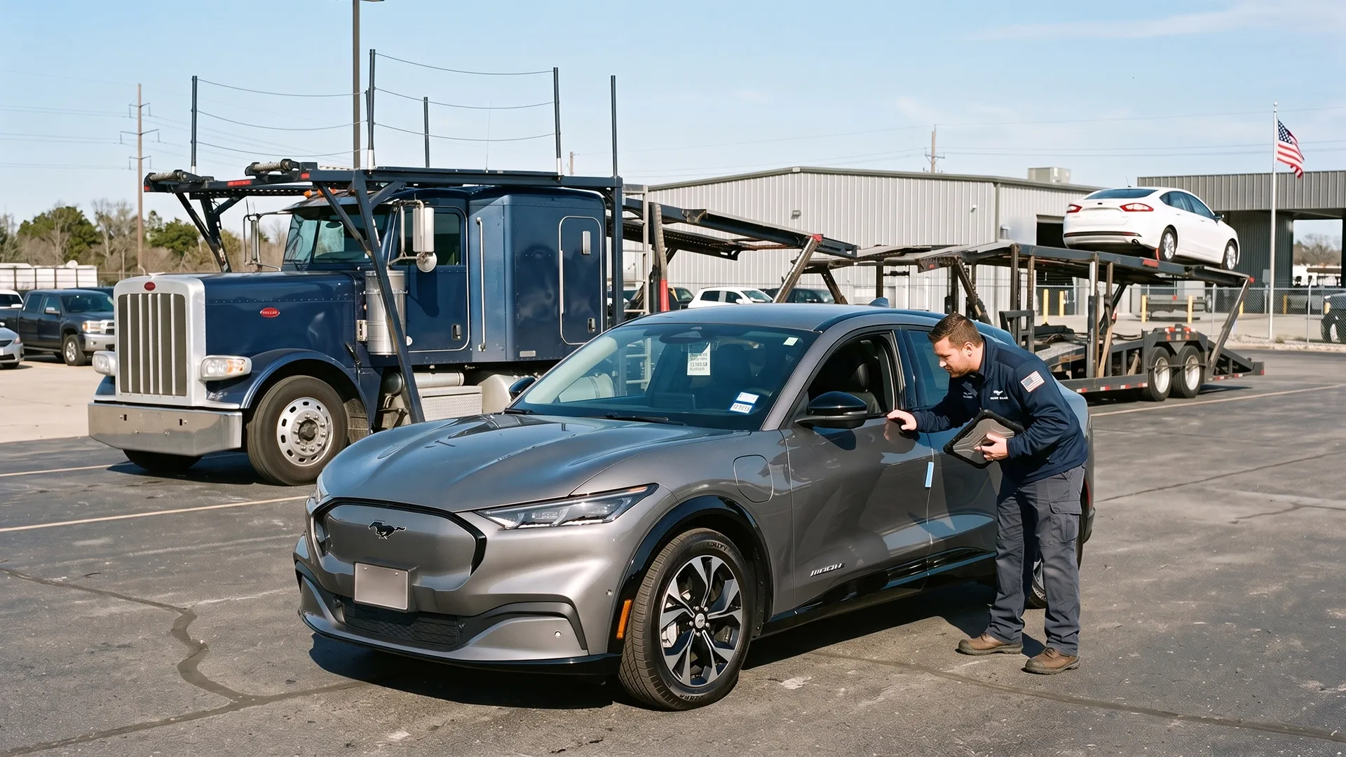 Auto transport driver inspecting a vehicle before loading it onto a car carrier