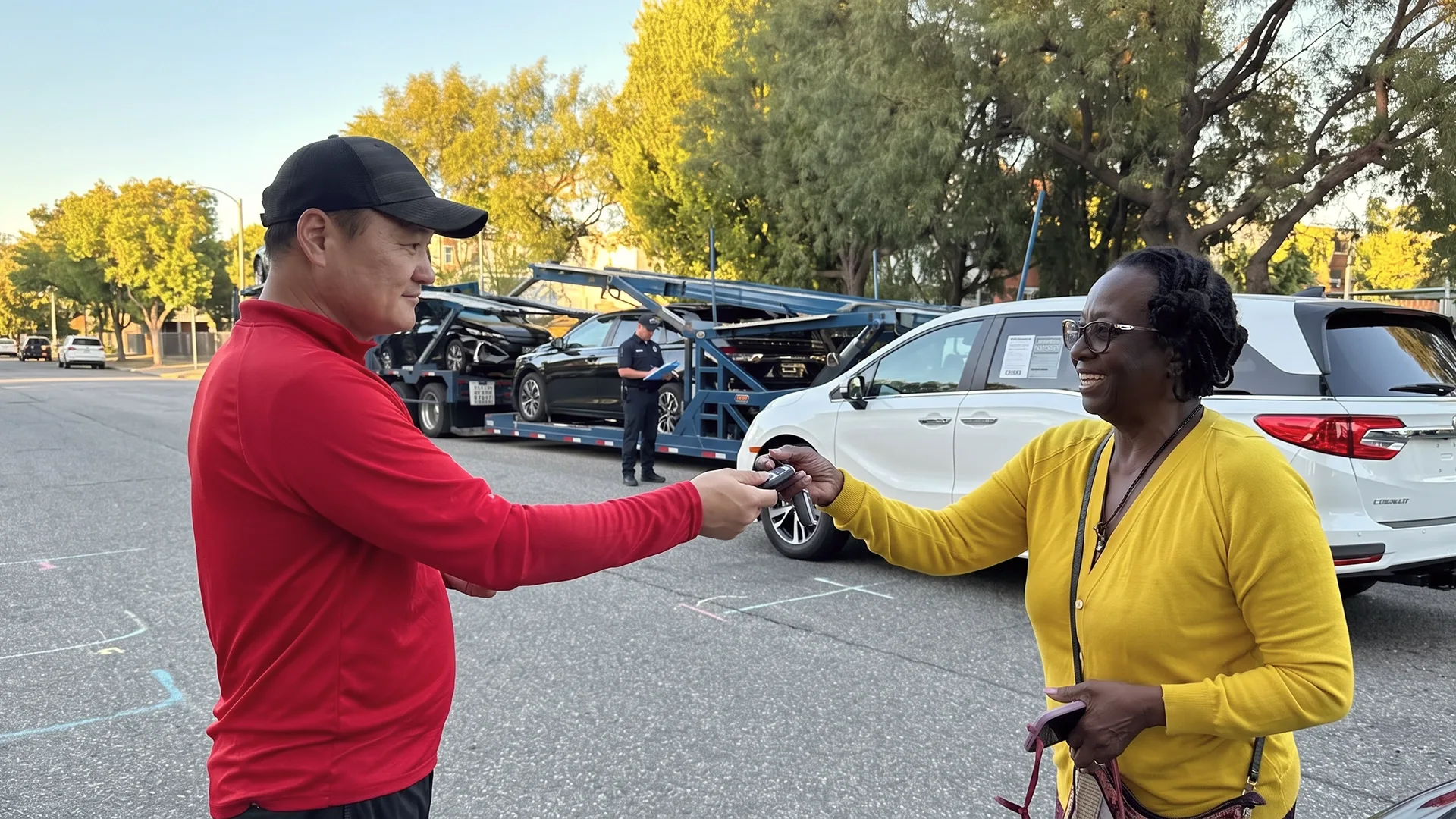 Customer receiving car keys after vehicle delivery