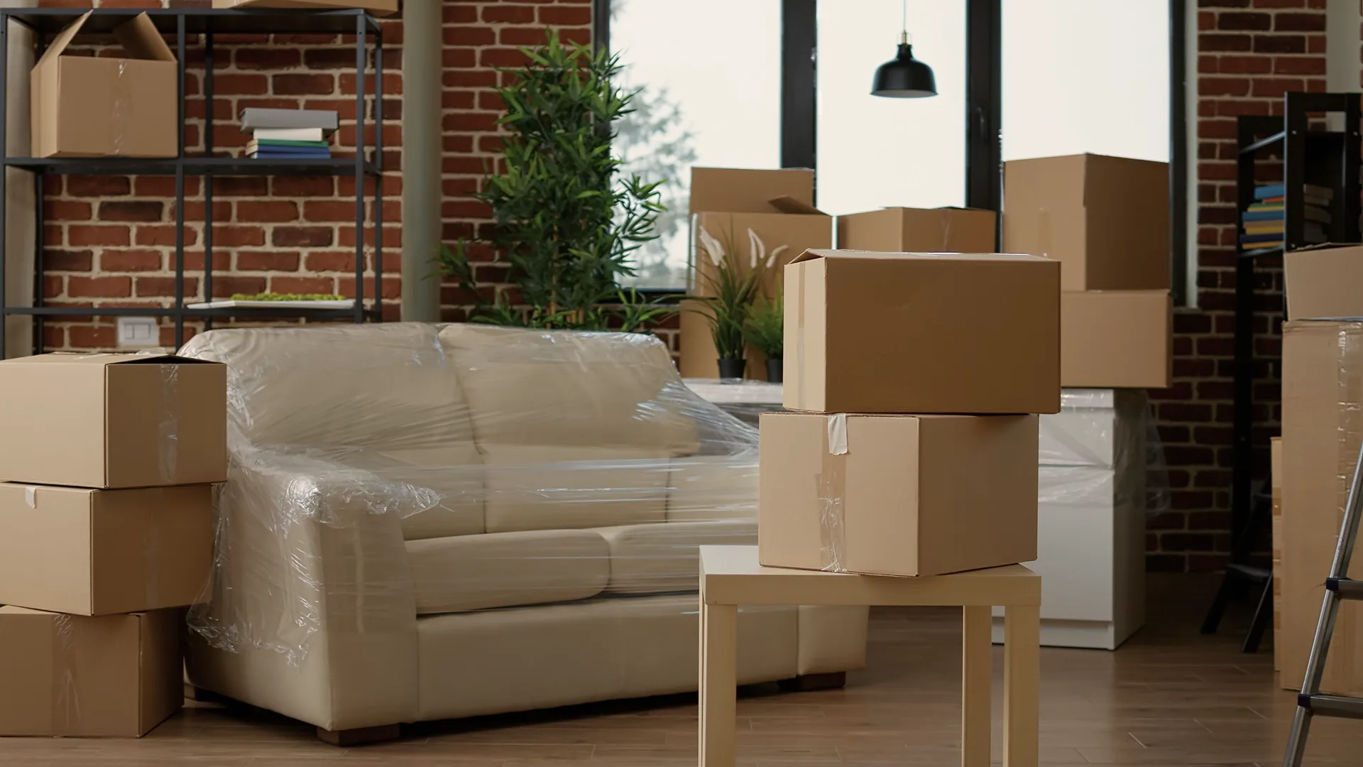 Moving boxes and wrapped furniture prepared for a cross-country move