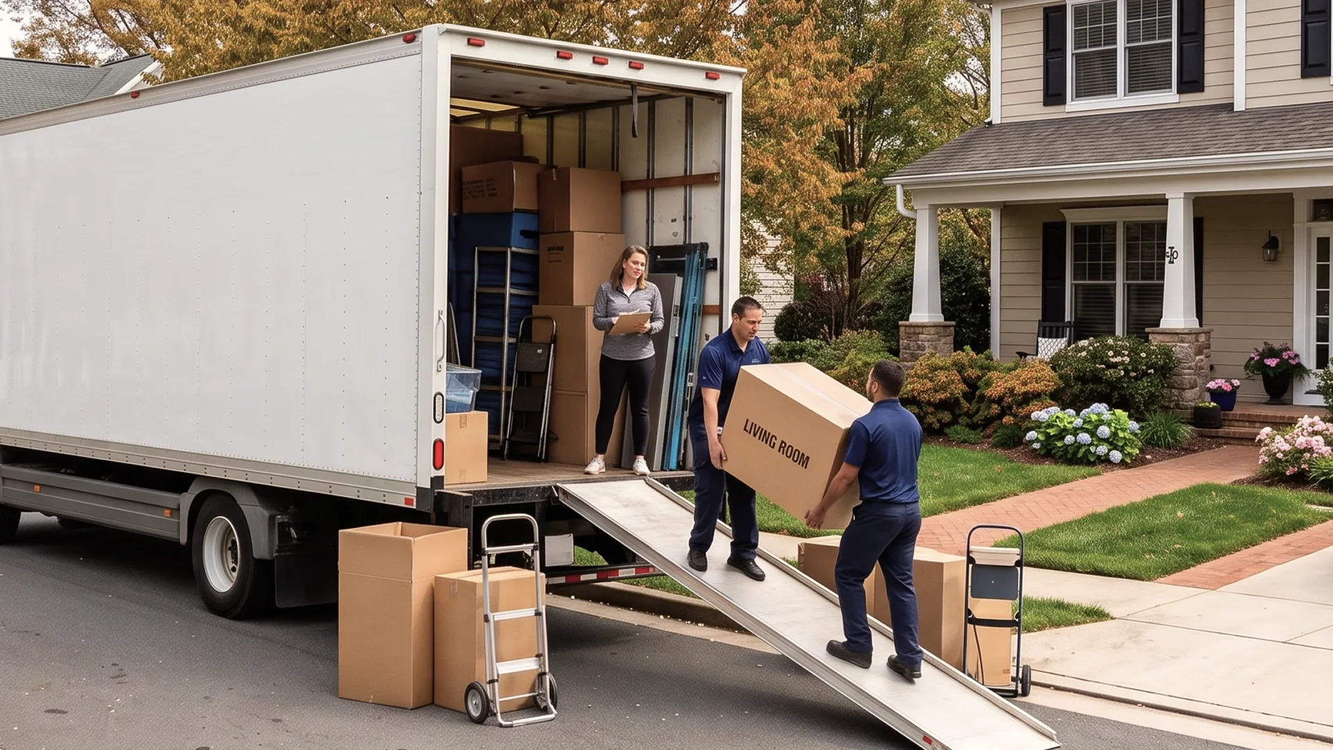 Movers loading boxes into a moving truck during a cross-country relocation