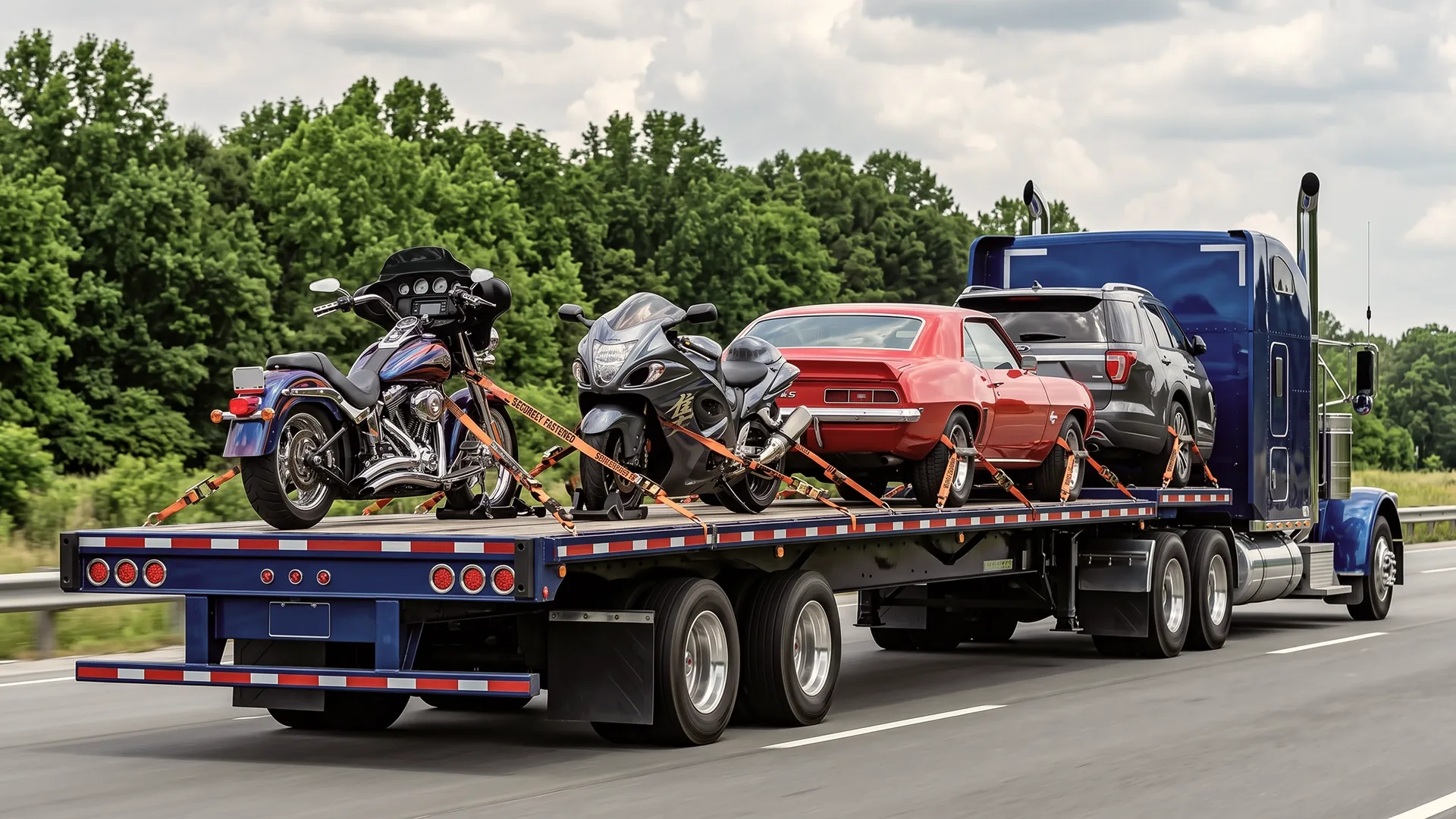 Motorcycles transported on an open vehicle carrier across the country