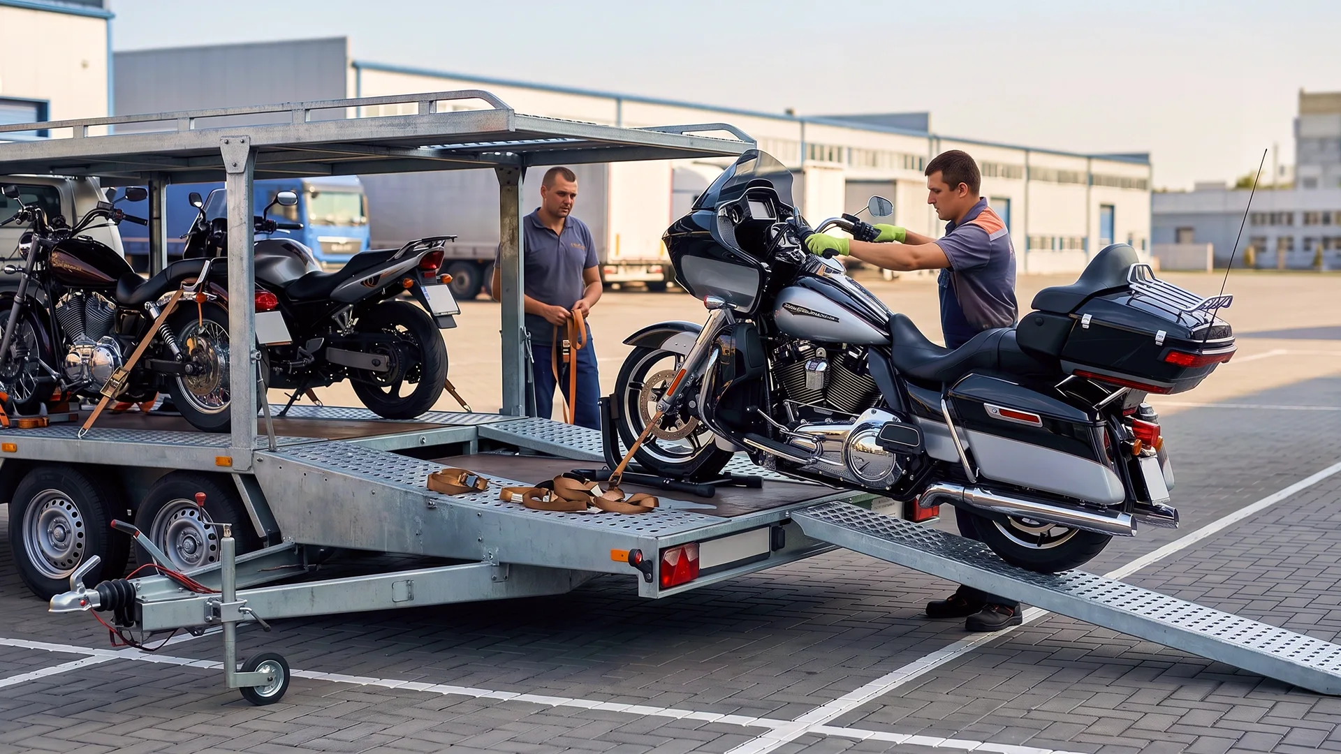 Motorcycle being loaded onto a transport trailer for cross-country shipping