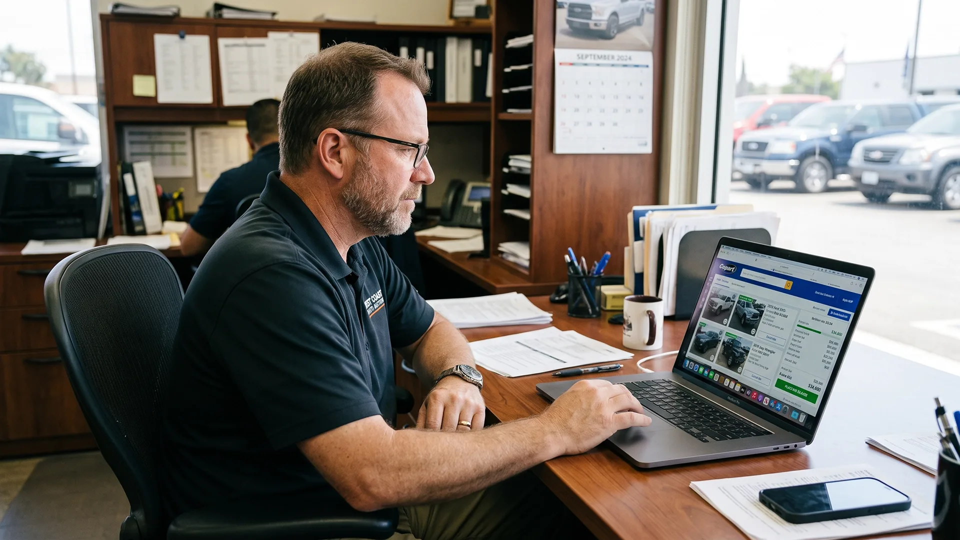 Dealer reviewing online car auction listings on a laptop