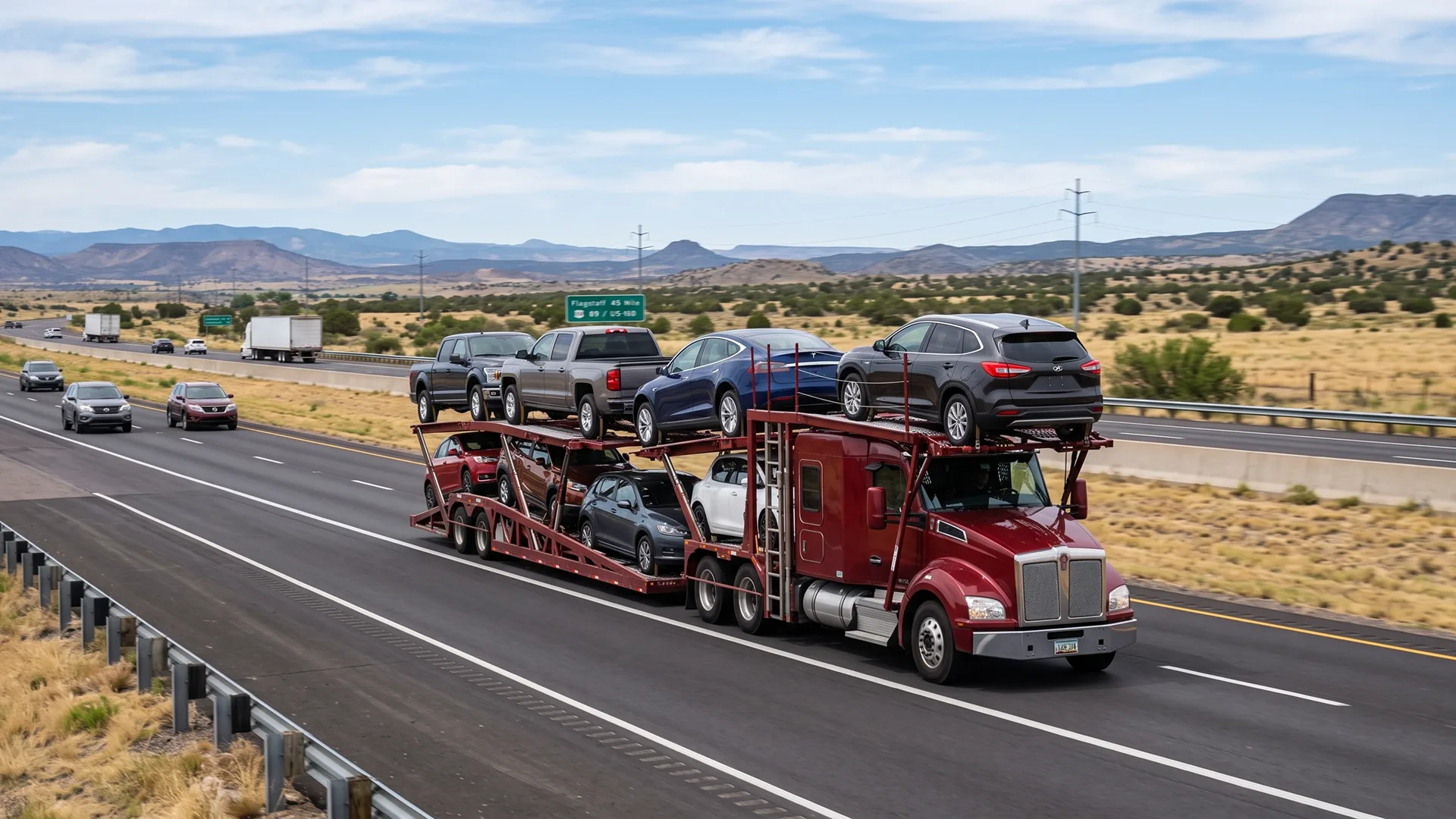 photo of open car carrier transporting multiple vehicles on an interstate highway