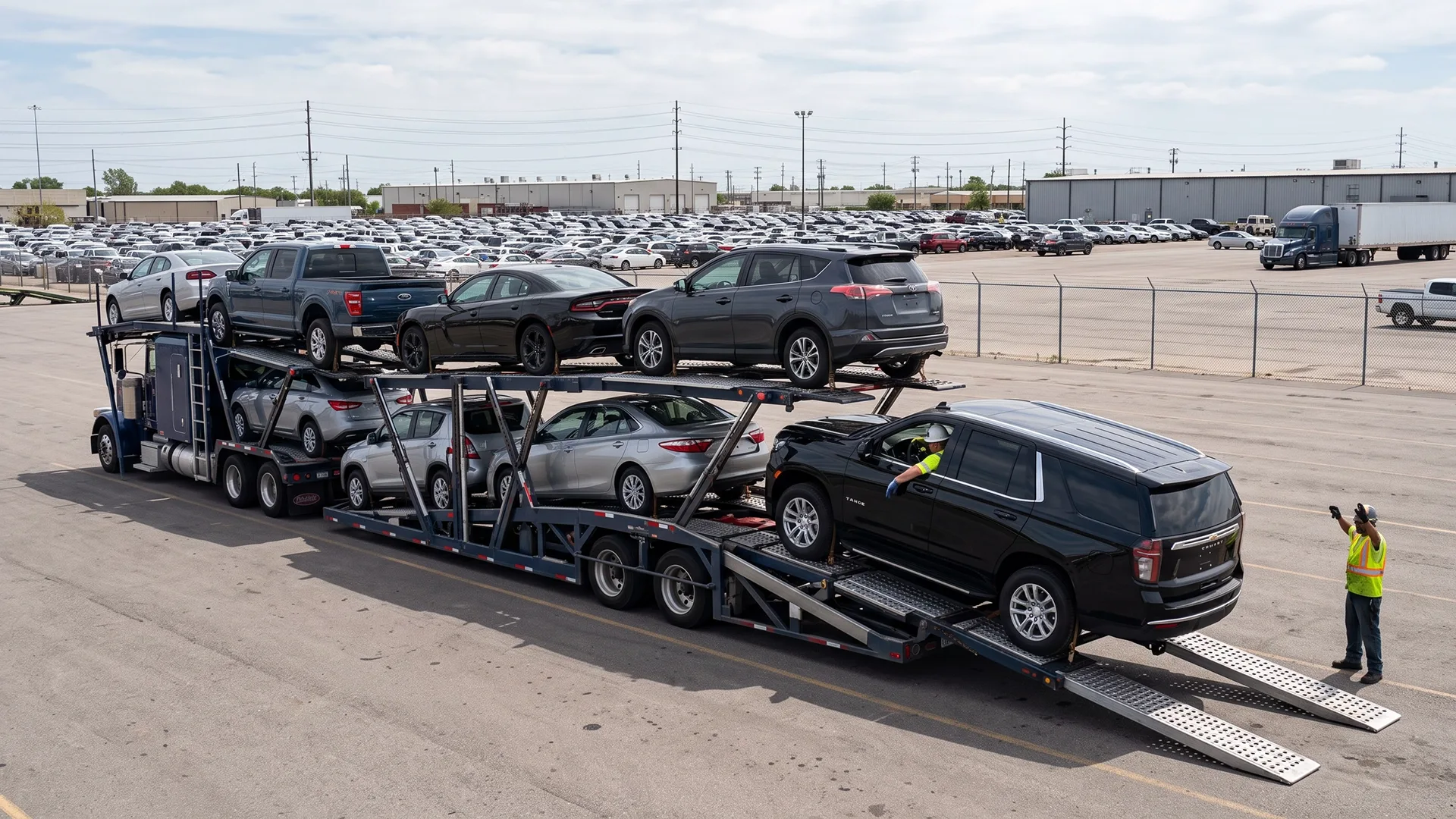 photo of auto transport carrier being loaded with multiple vehicles at a logistics facility