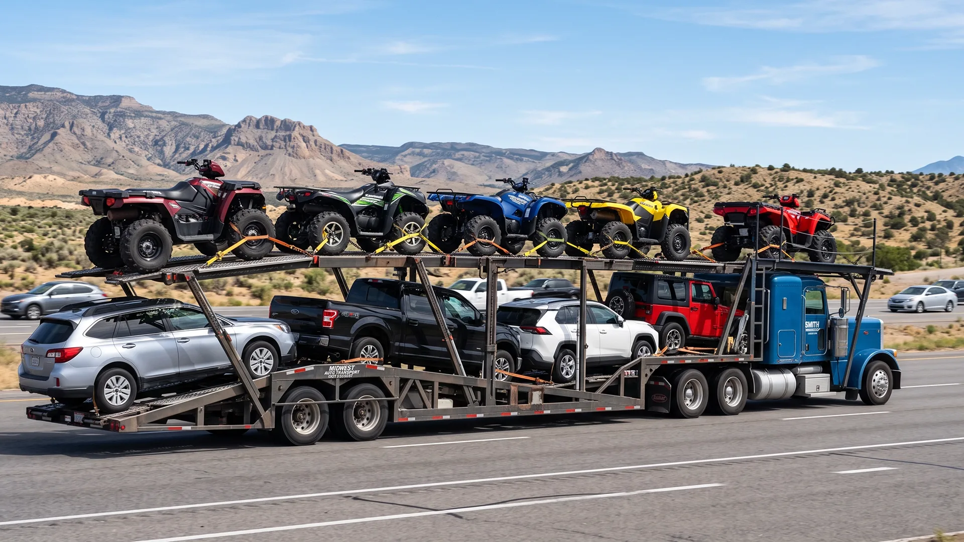 photo of ATVs transported on open car carrier