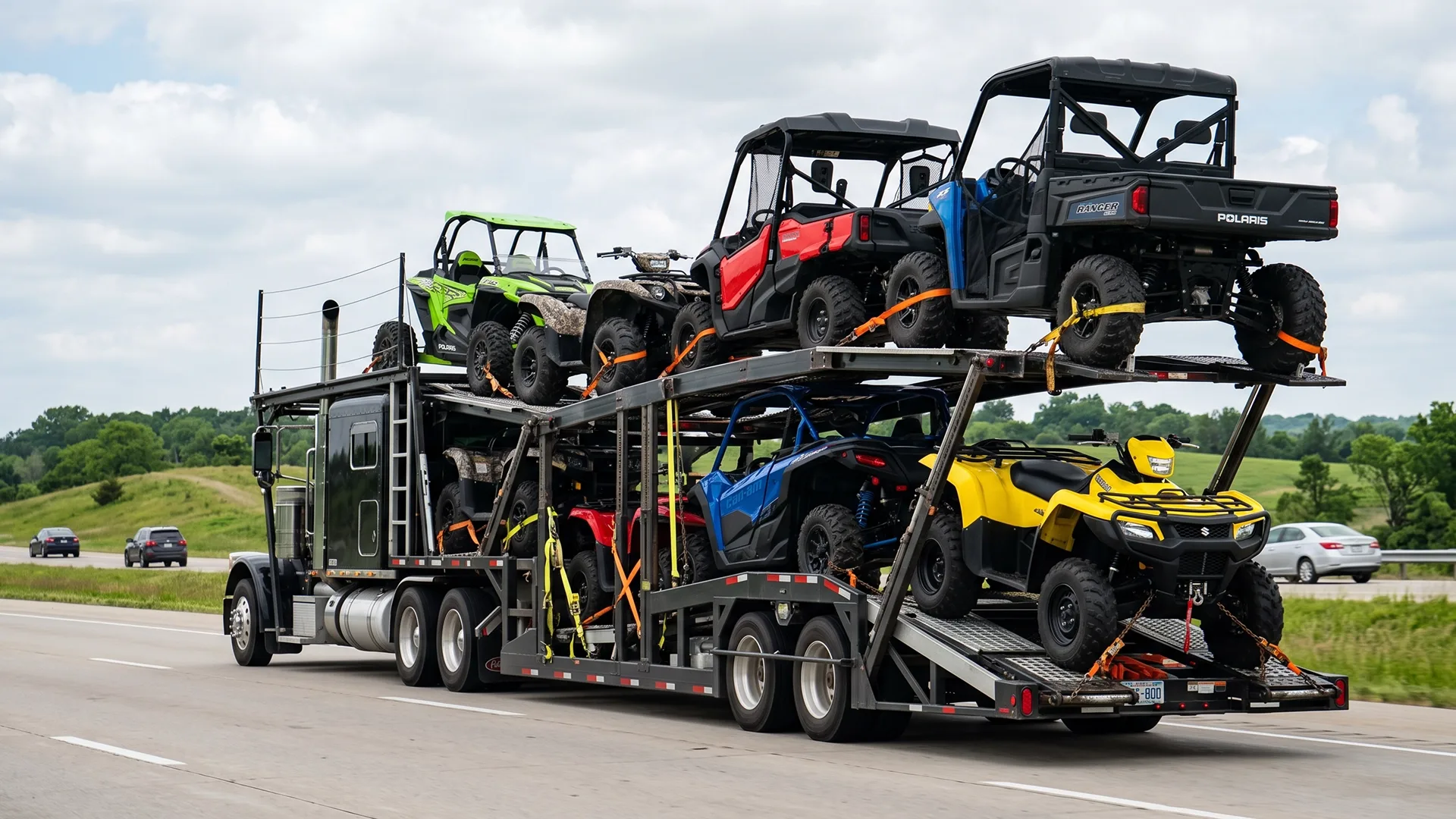 photo of multiple ATVs and UTVs secured on transport trailer