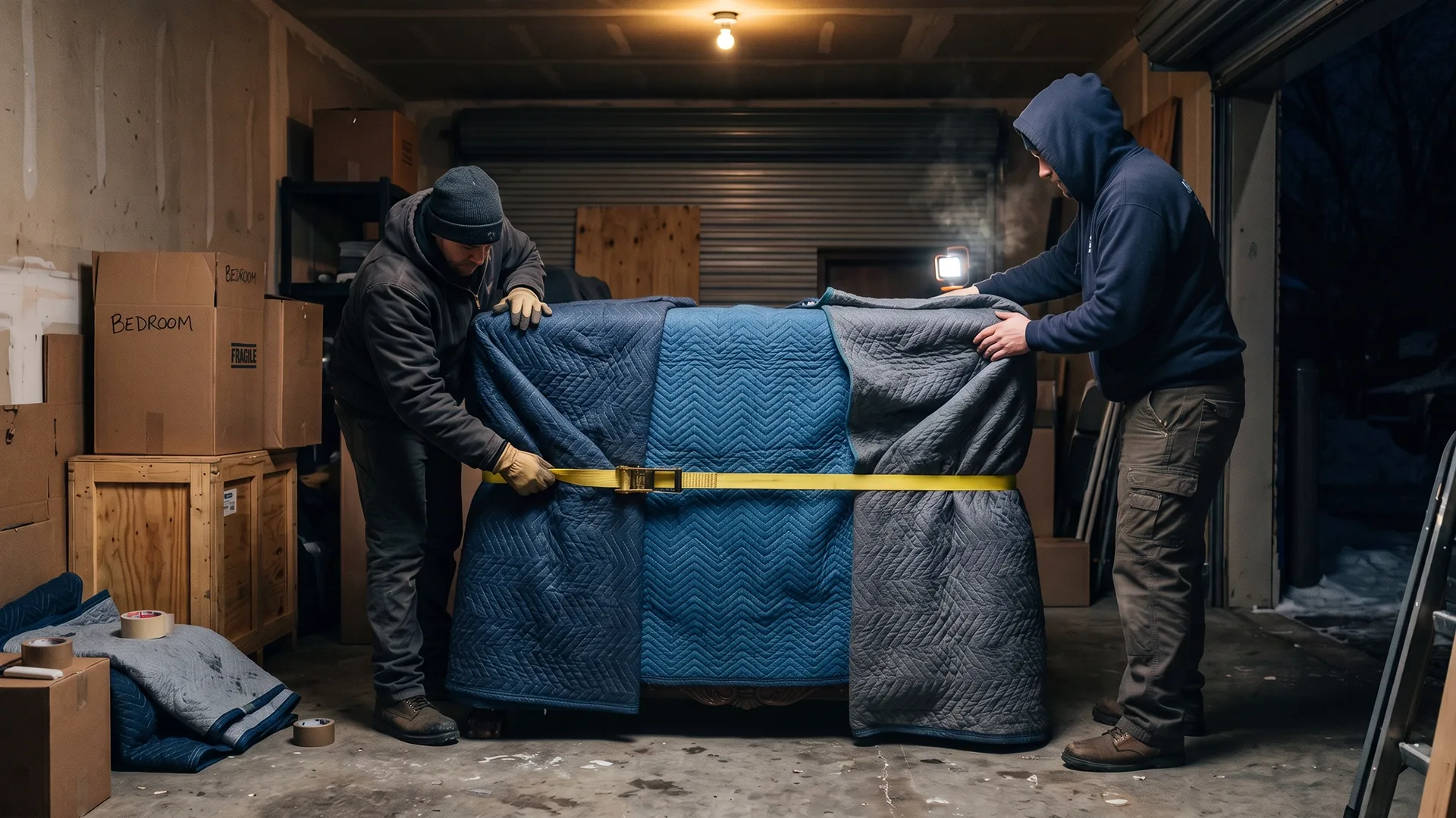 Movers wrapping antique furniture with protective blankets