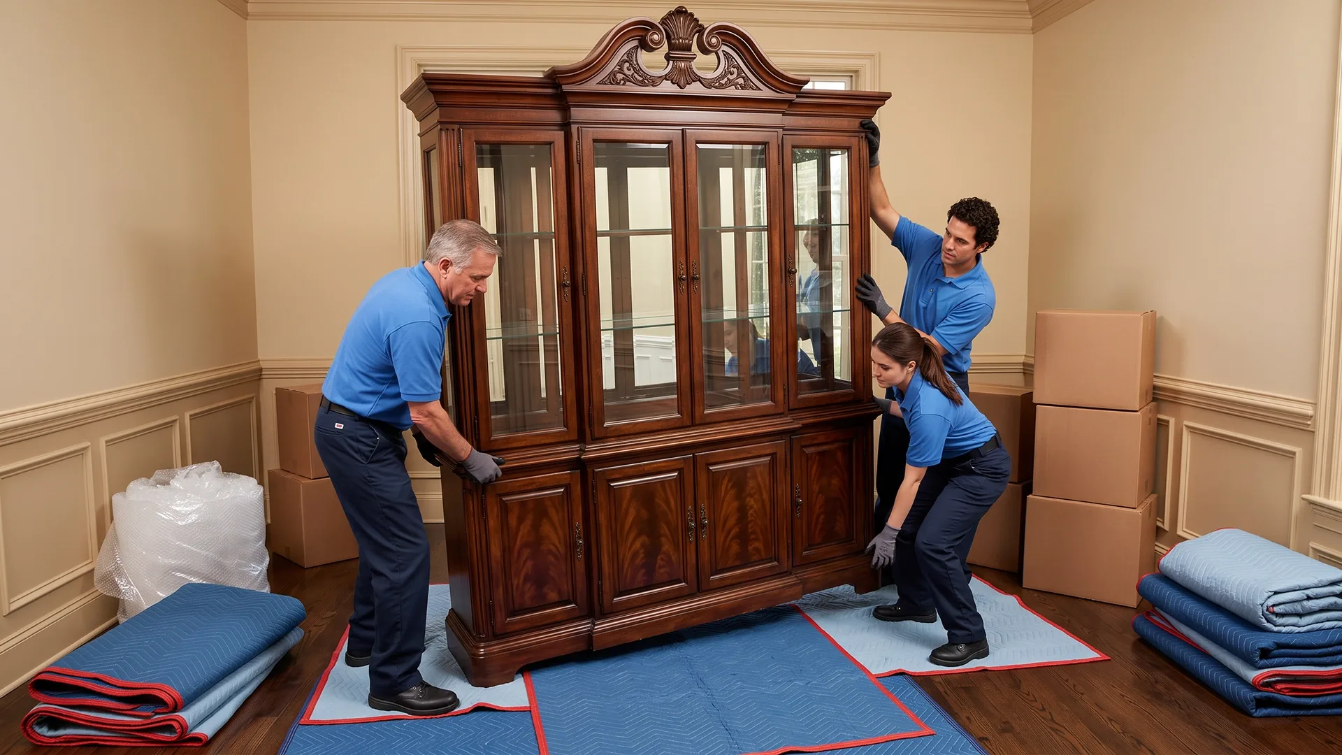 Professional movers handling antique furniture inside a home