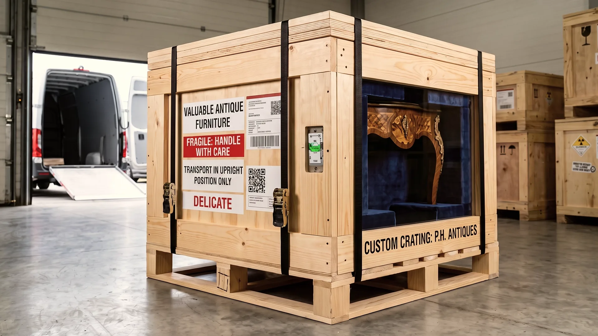 Antique furniture packed in a custom wooden shipping crate