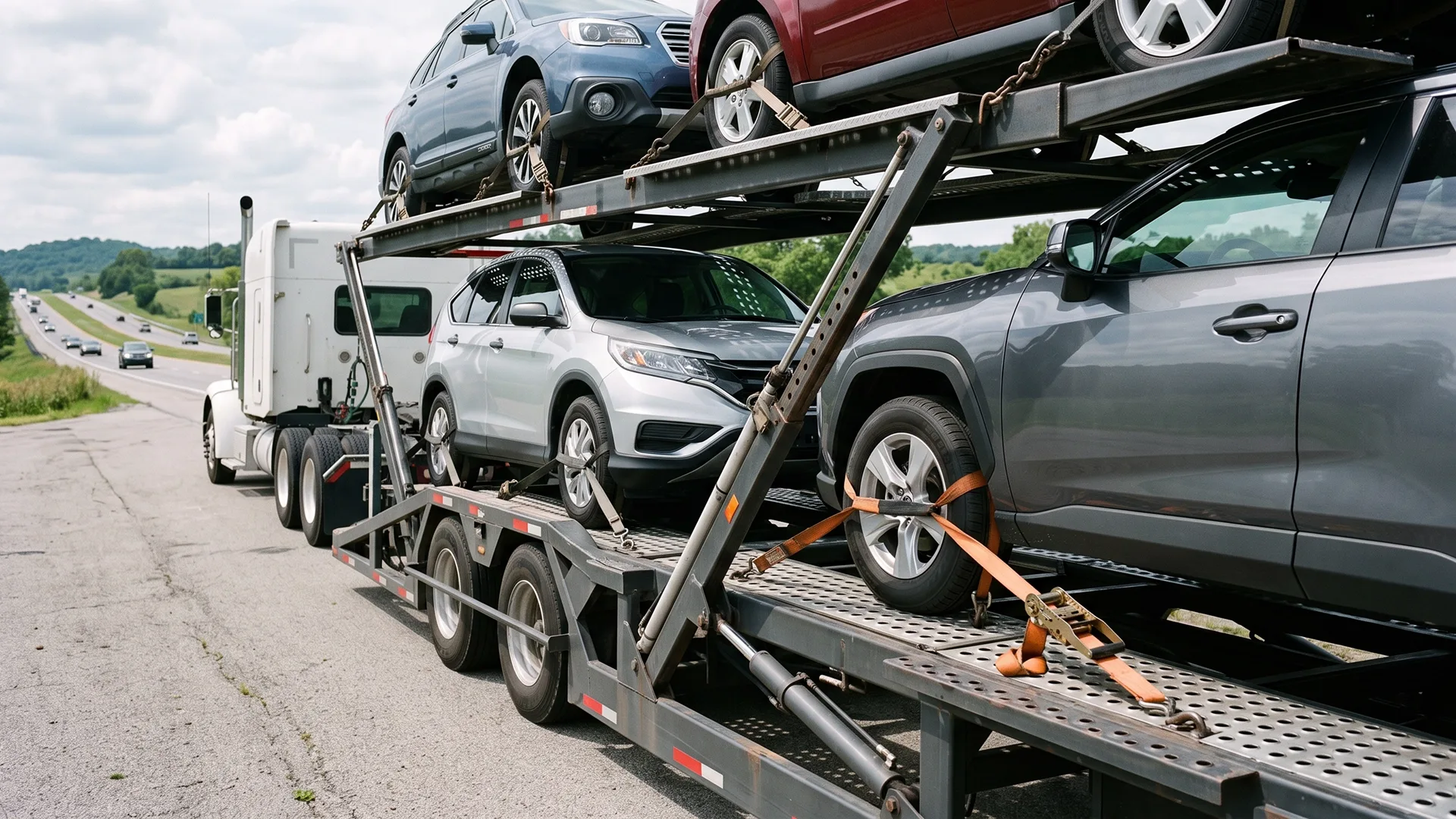photo of multiple cars secured on a multi-level auto transport trailer