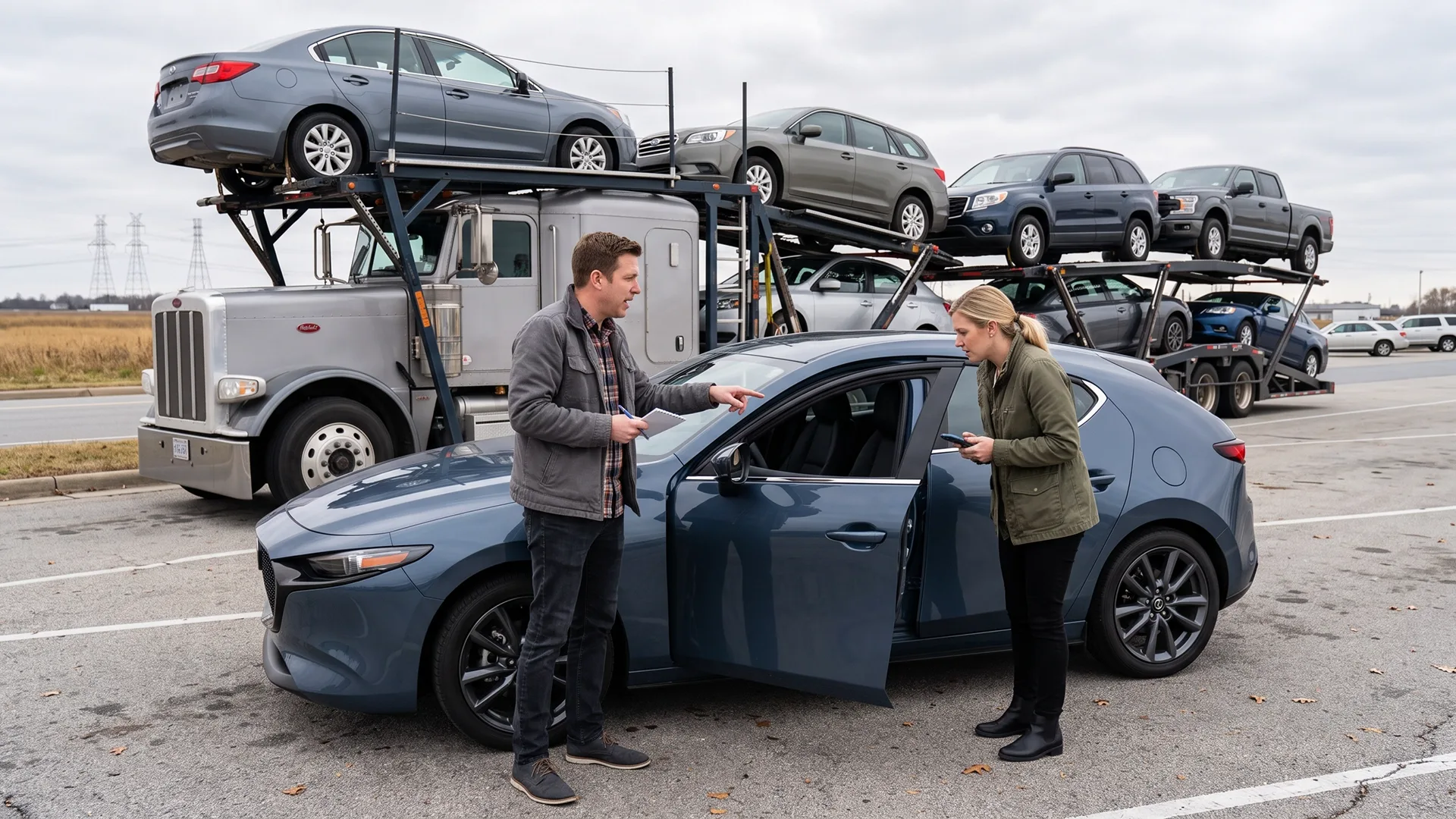 photo of a driver and customer inspecting a vehicle and reviewing transport documents