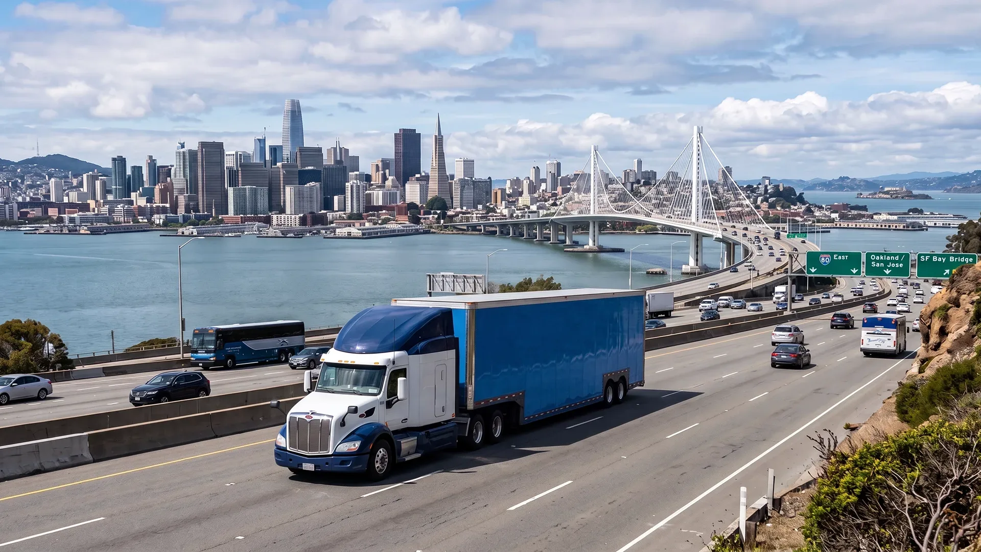 photo of auto transport truck driving on a highway near San Francisco