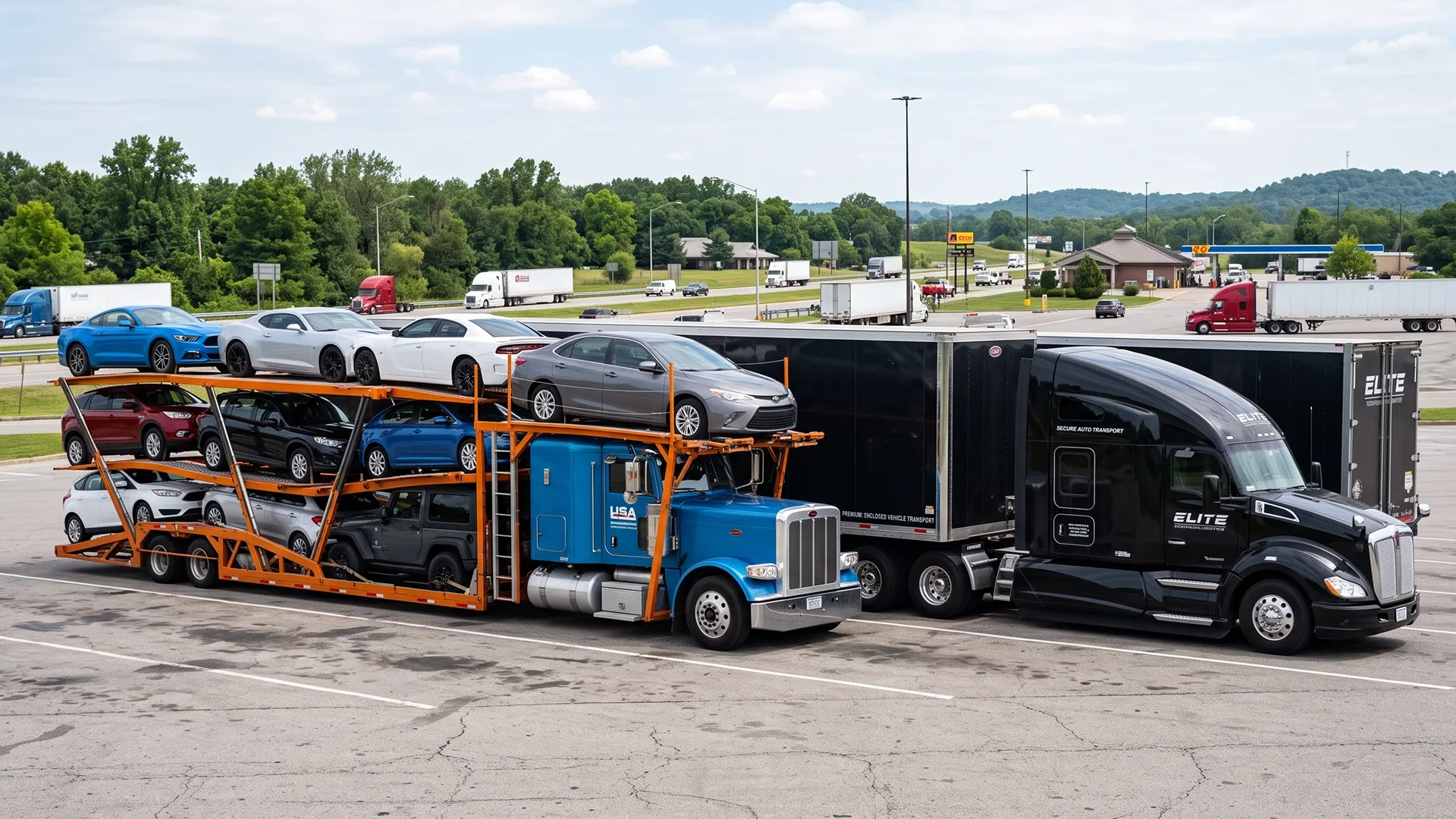 photo of open and enclosed auto transport trucks parked side by side