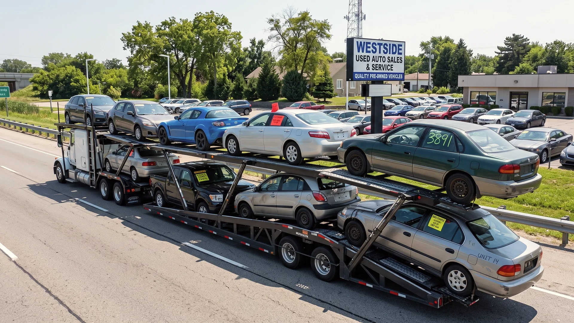 Car carrier transporting vehicles from an auto wholesaler