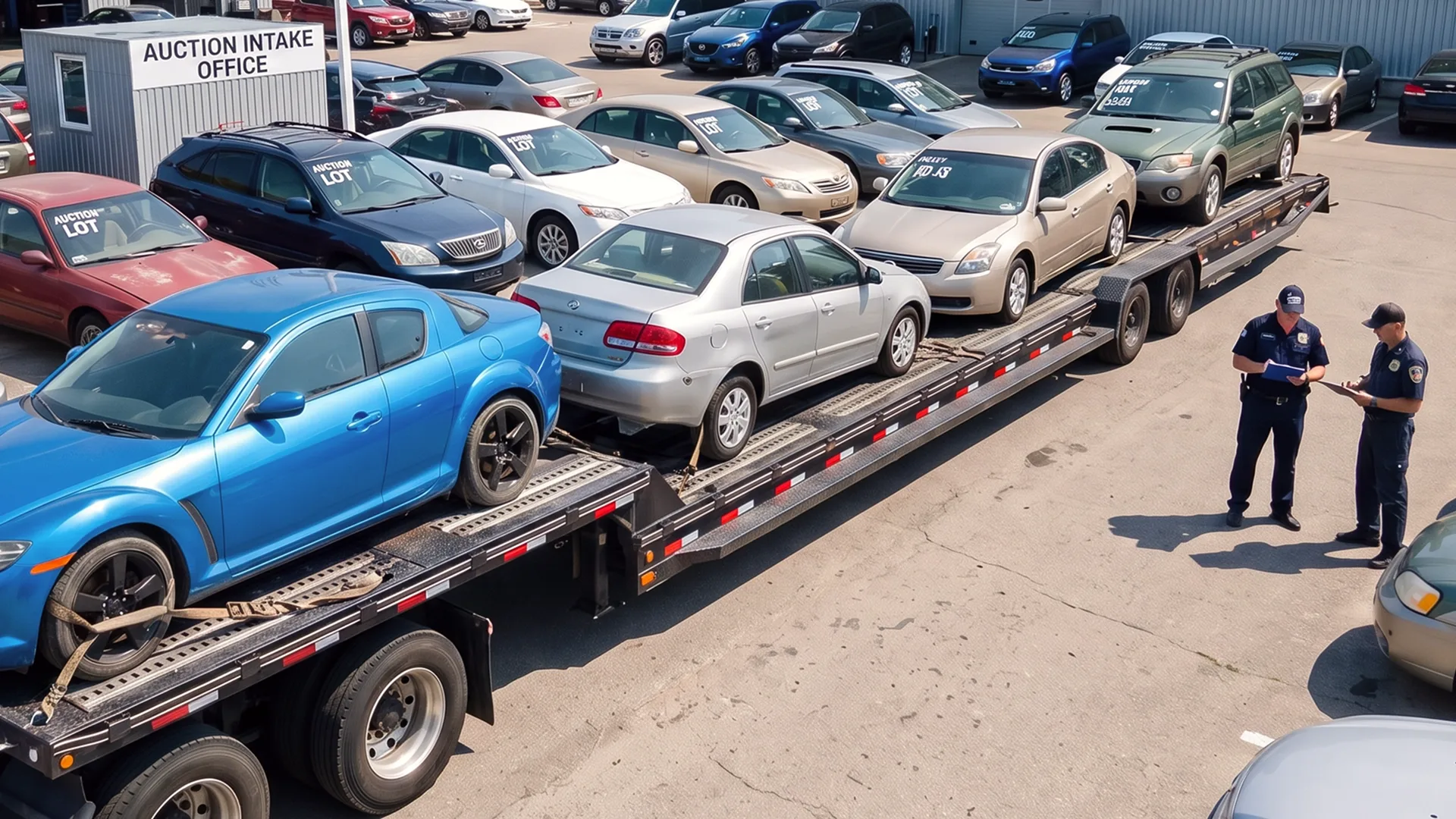 Auction vehicles loaded on a car carrier for transport