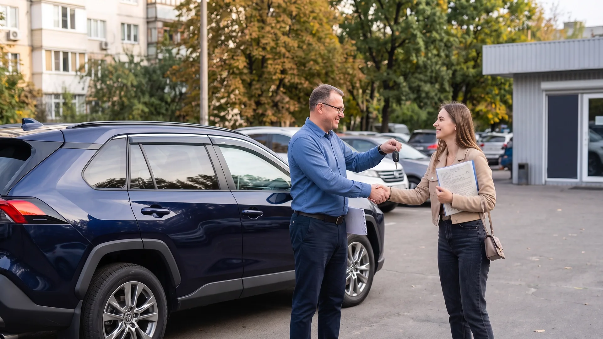 Private car seller handing over car keys to a buyer next to an SUV