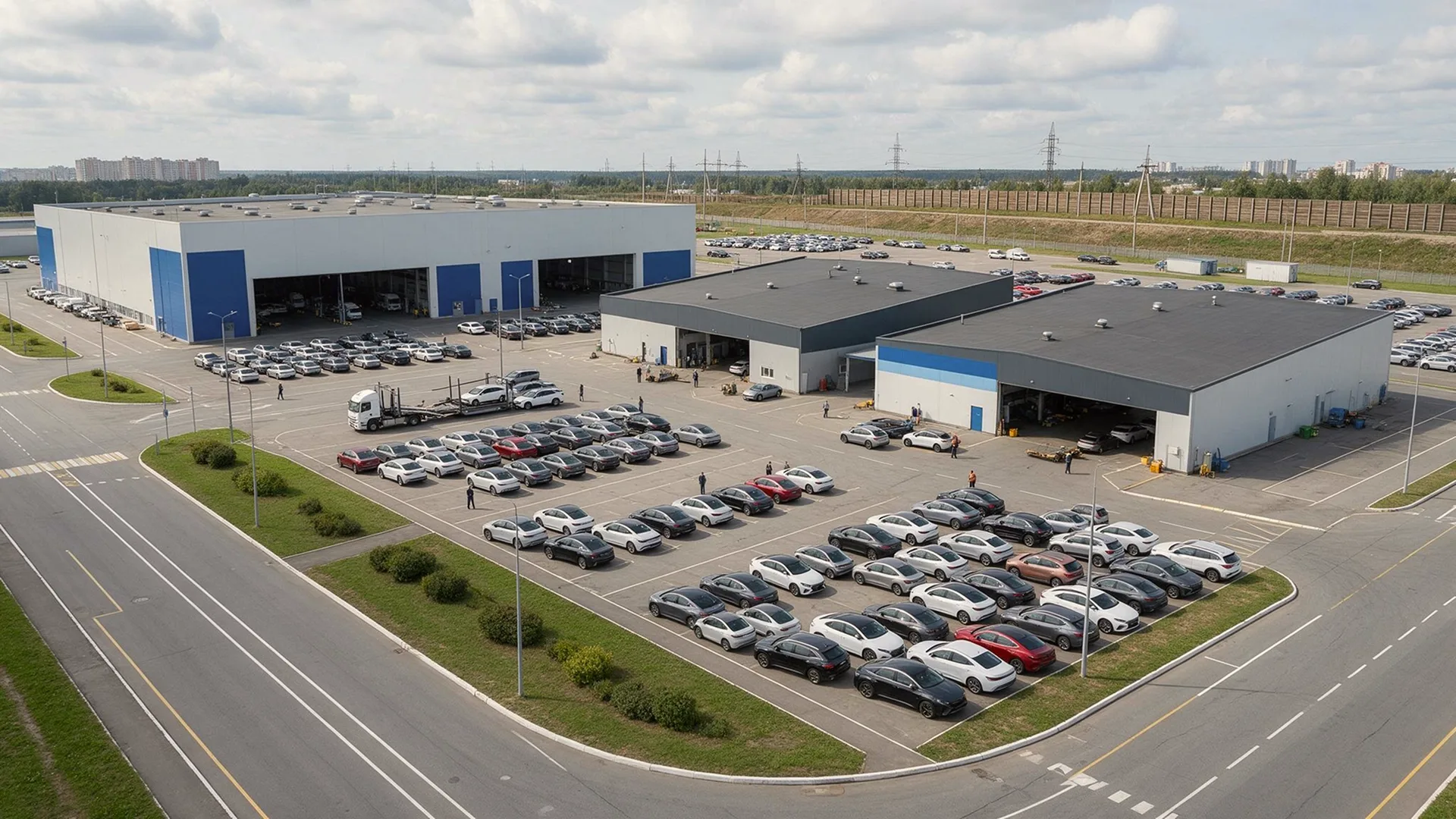 Vehicle inventory storage and auto transport logistics facility