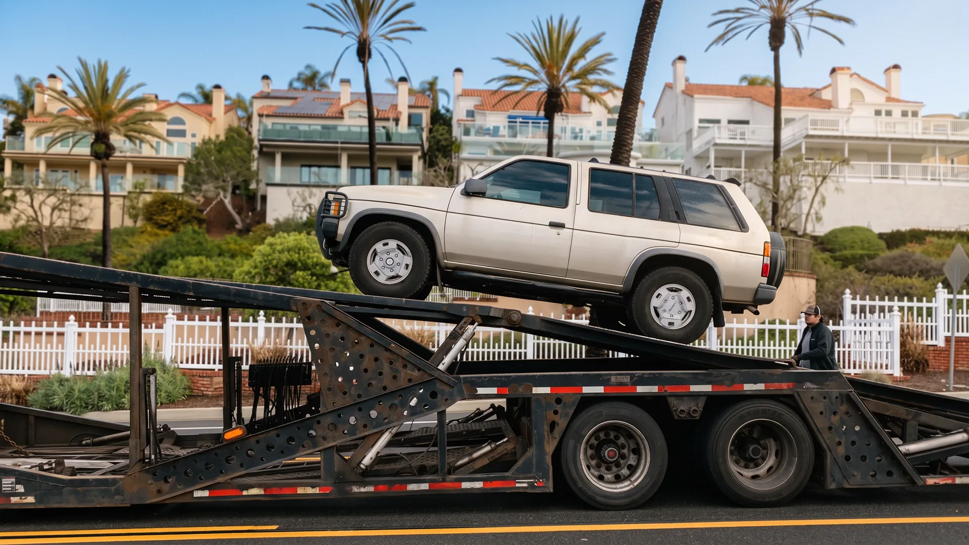 Recently purchased car being loaded onto an auto transport carrier