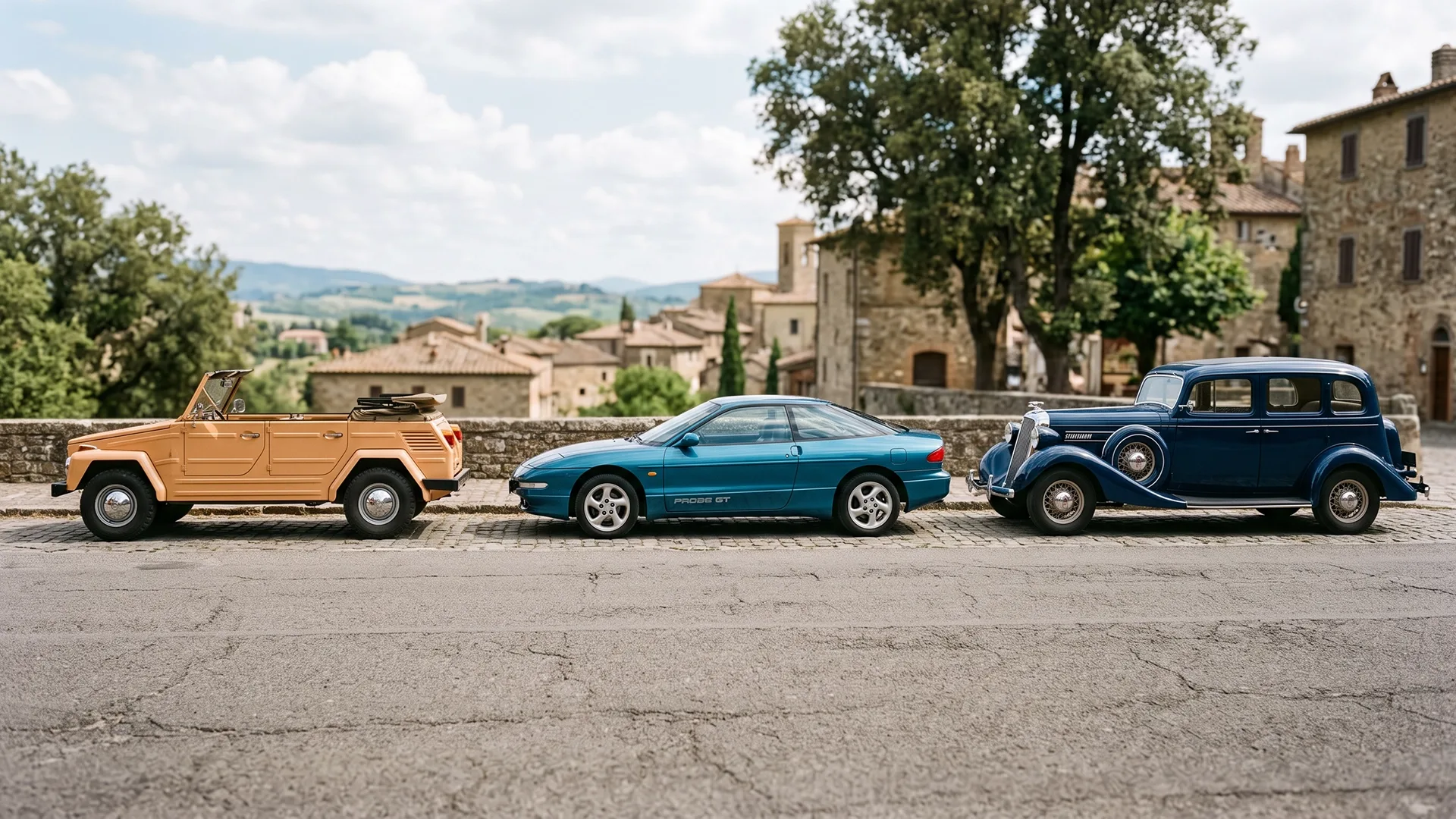 Vintage cars from different eras with distinctive model names