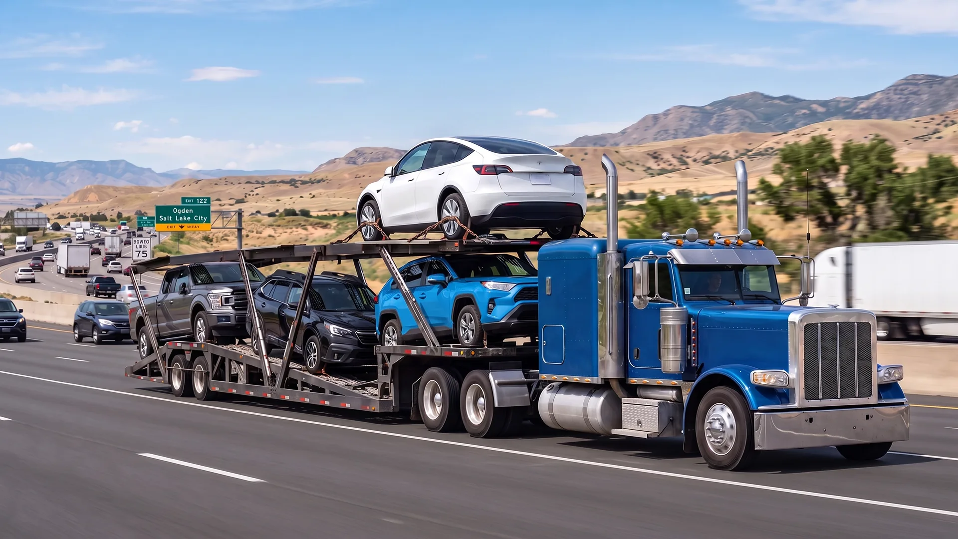 photo of car carrier transporting vehicles on interstate highway