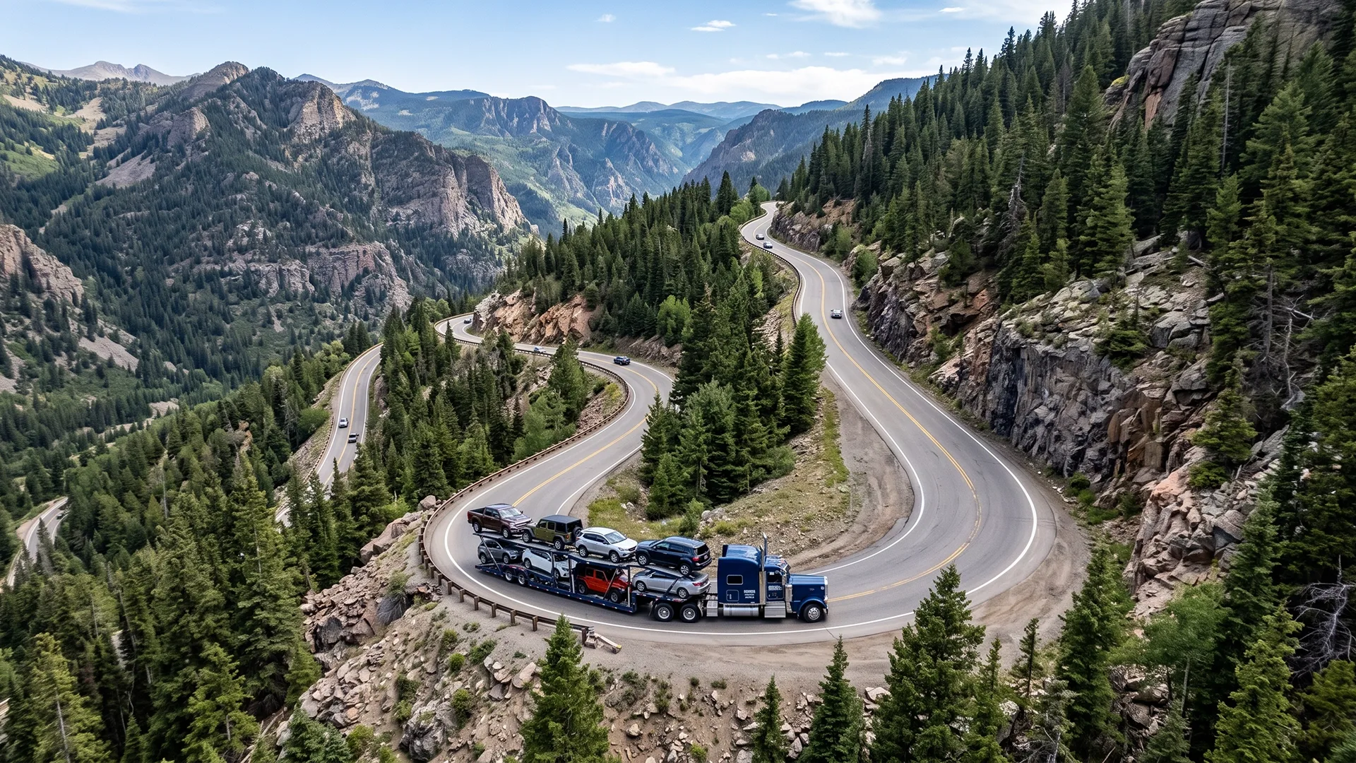 photo of car carrier driving on a mountain road