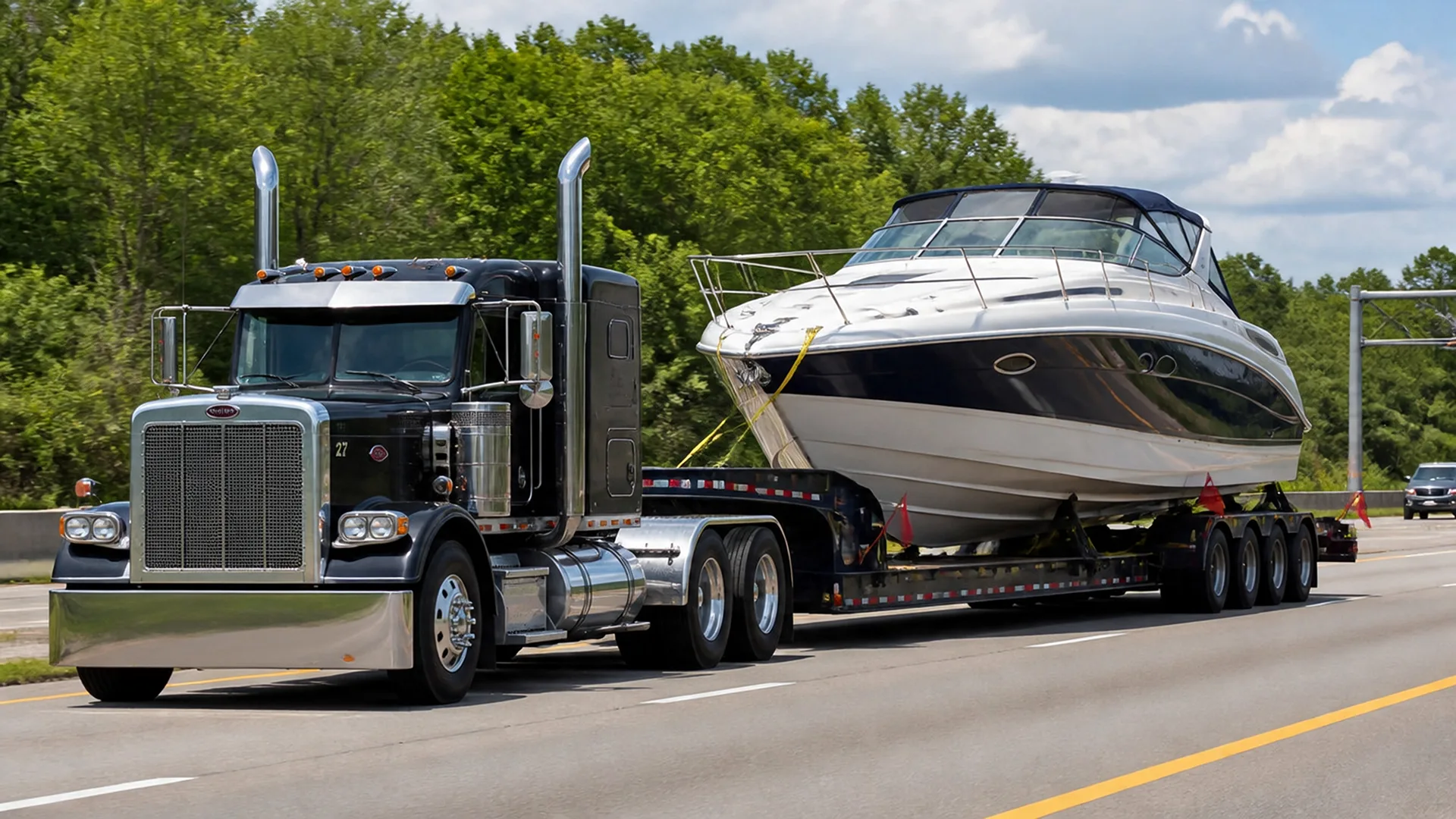 Motorboat transported on a specialized trailer behind a truck