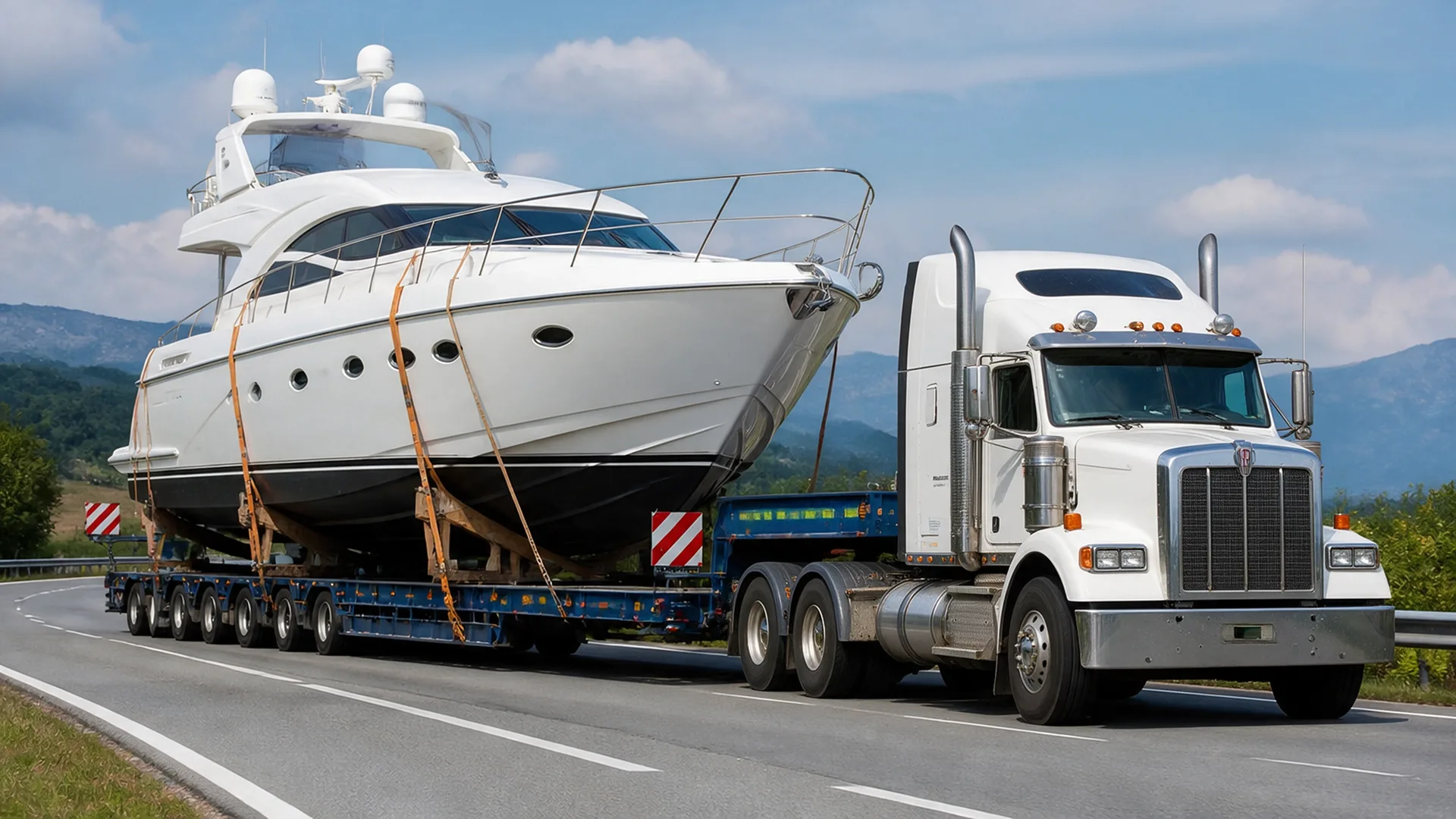 Oversized yacht transported on a heavy haul trailer with special permits