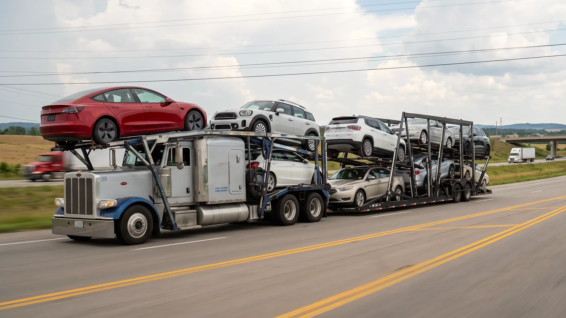 Open car carrier transporting multiple vehicles on the highway