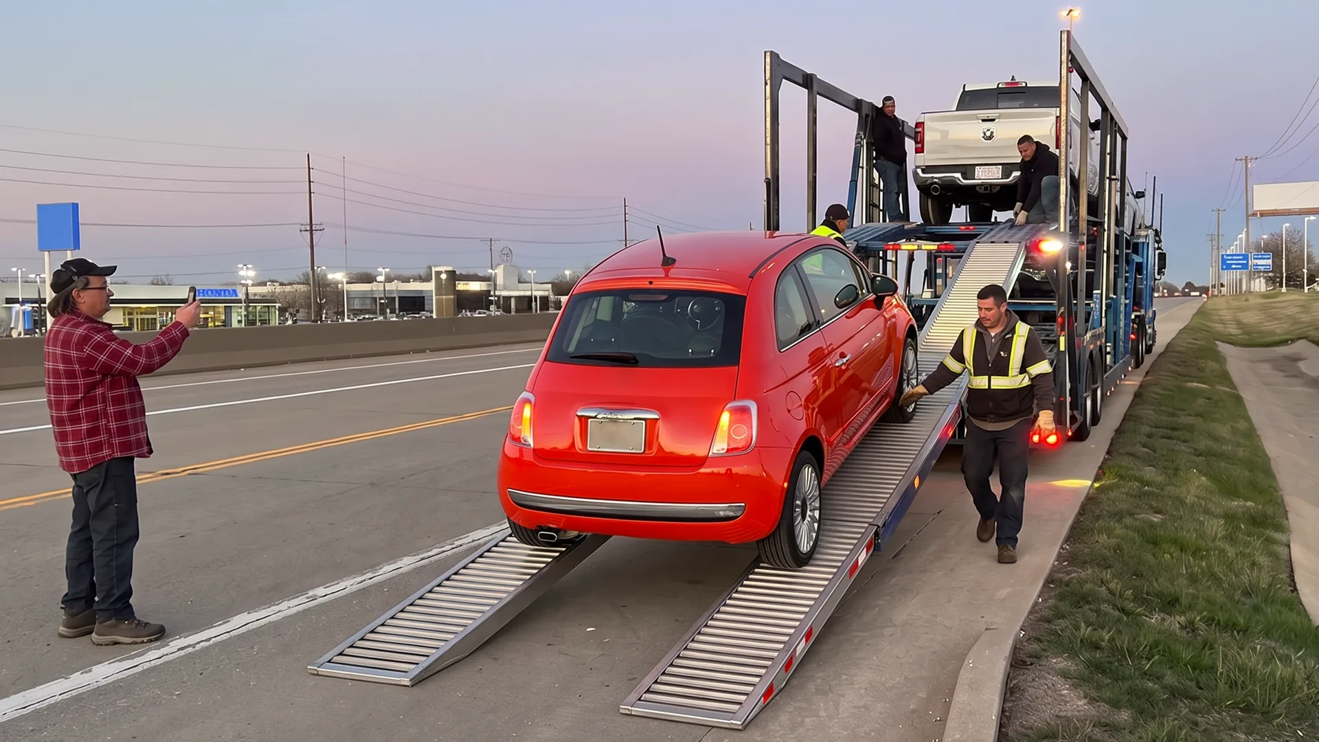 Car being loaded onto an open auto transport carrier