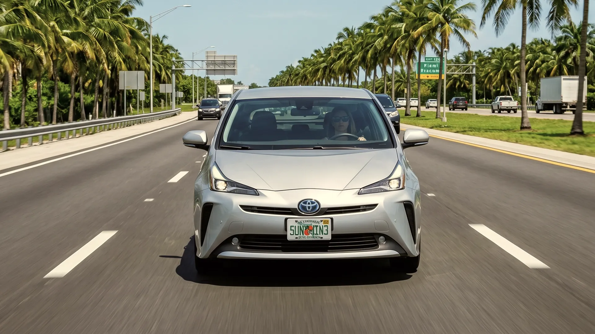 Toyota is driving down the road