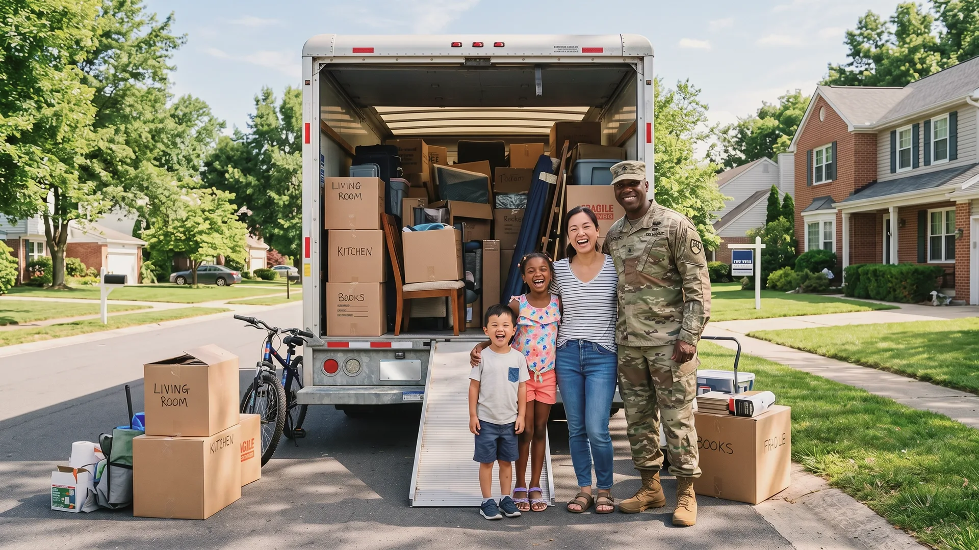 Military family preparing for a PCS move with packed belongings