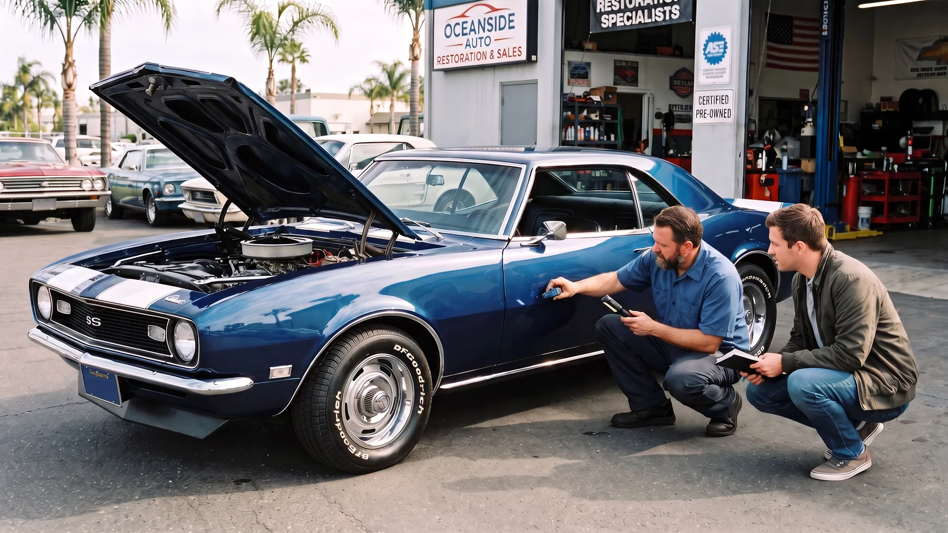 Mechanic and potential buyer inspecting a rebuilt title car before purchase