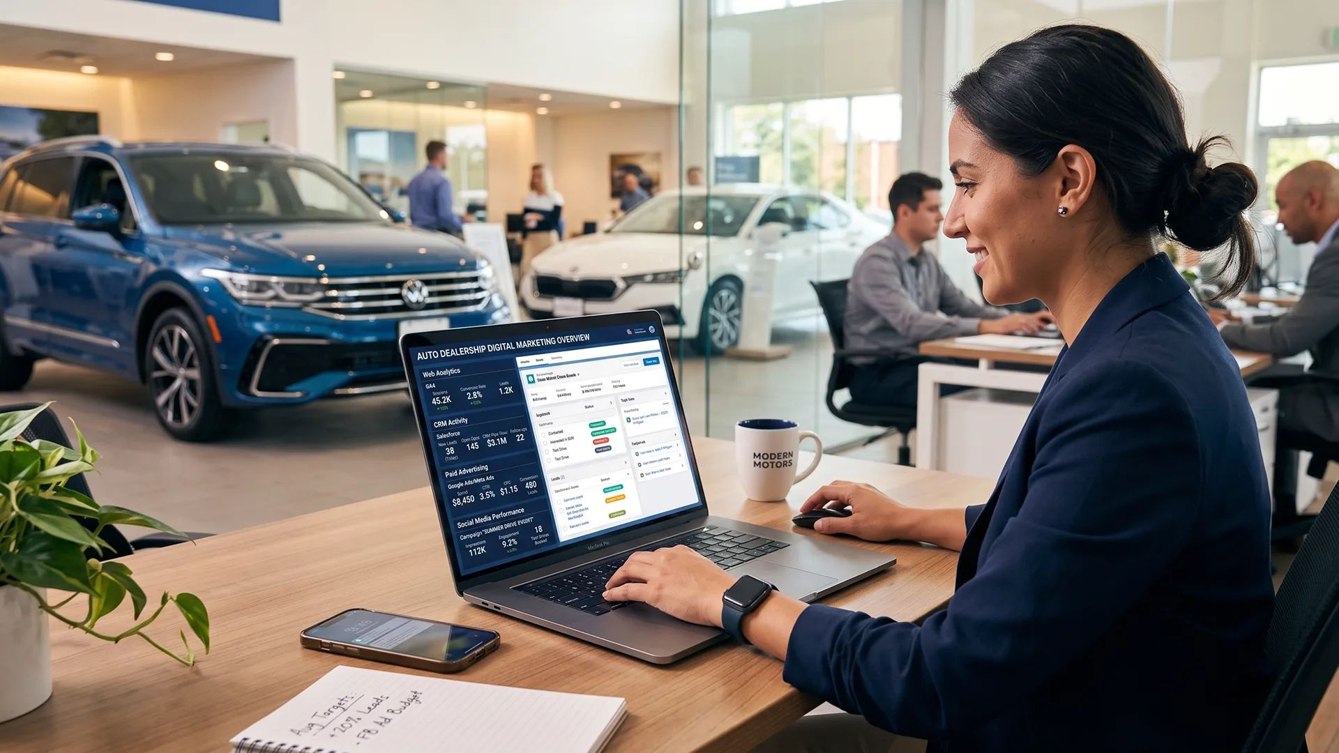 photo of a car dealership employee managing digital marketing