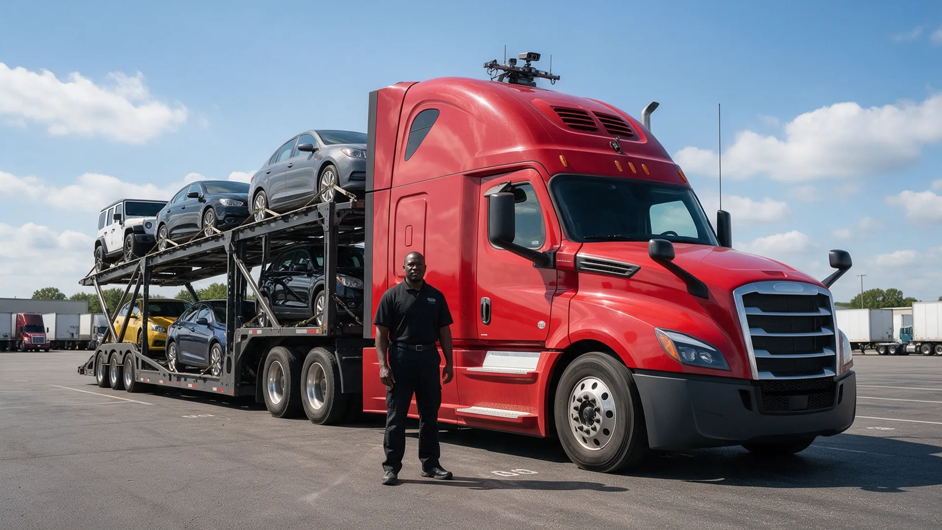 Car hauler driver beside a loaded auto transport truck