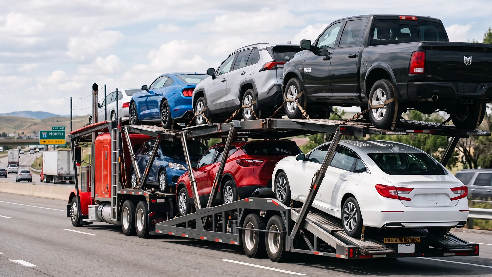 photo of open car carrier transporting multiple vehicles on the highway