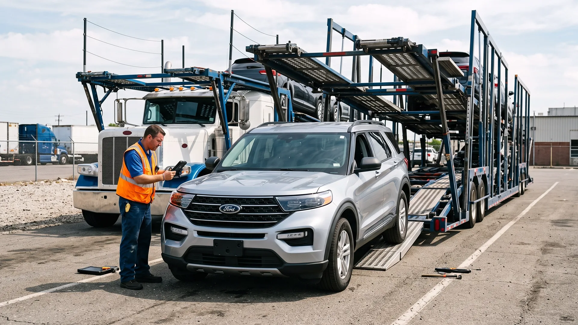 photo of auto transport driver inspecting a vehicle before loading it onto a car carrier