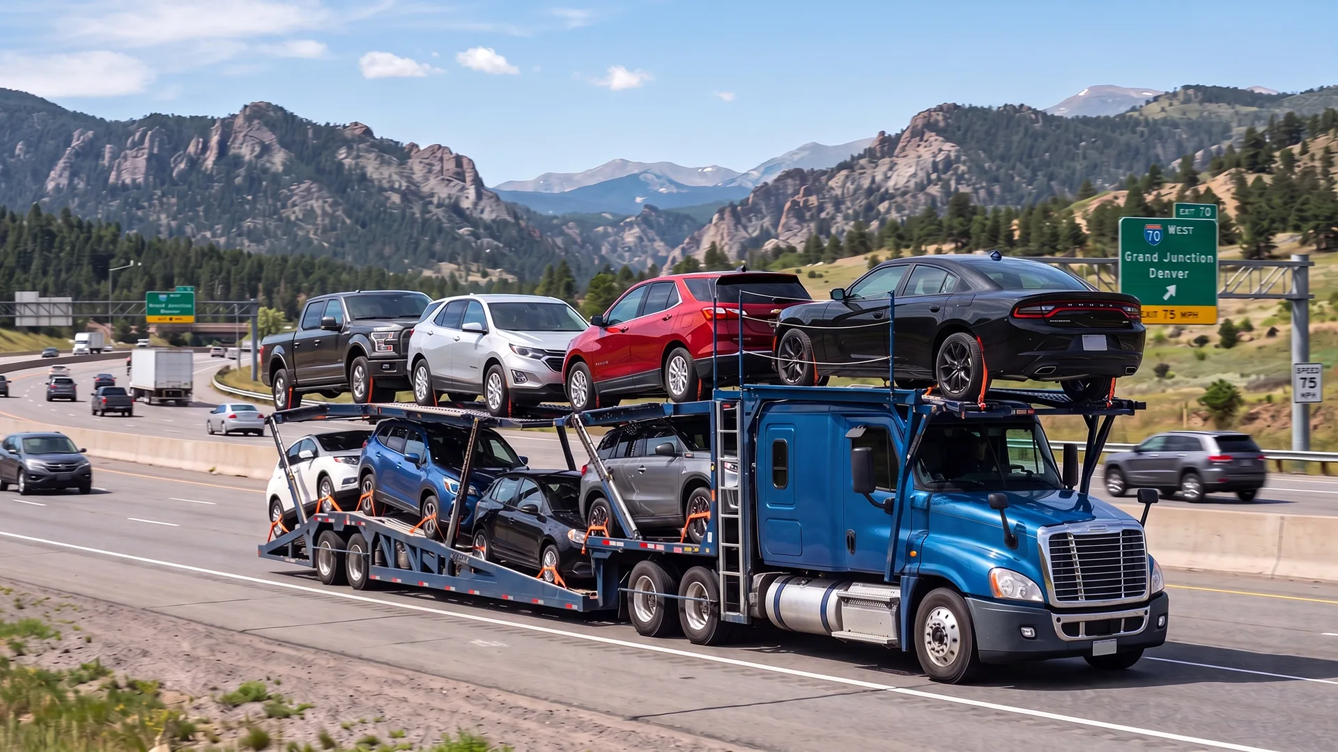Open car carrier transporting multiple vehicles on the highway